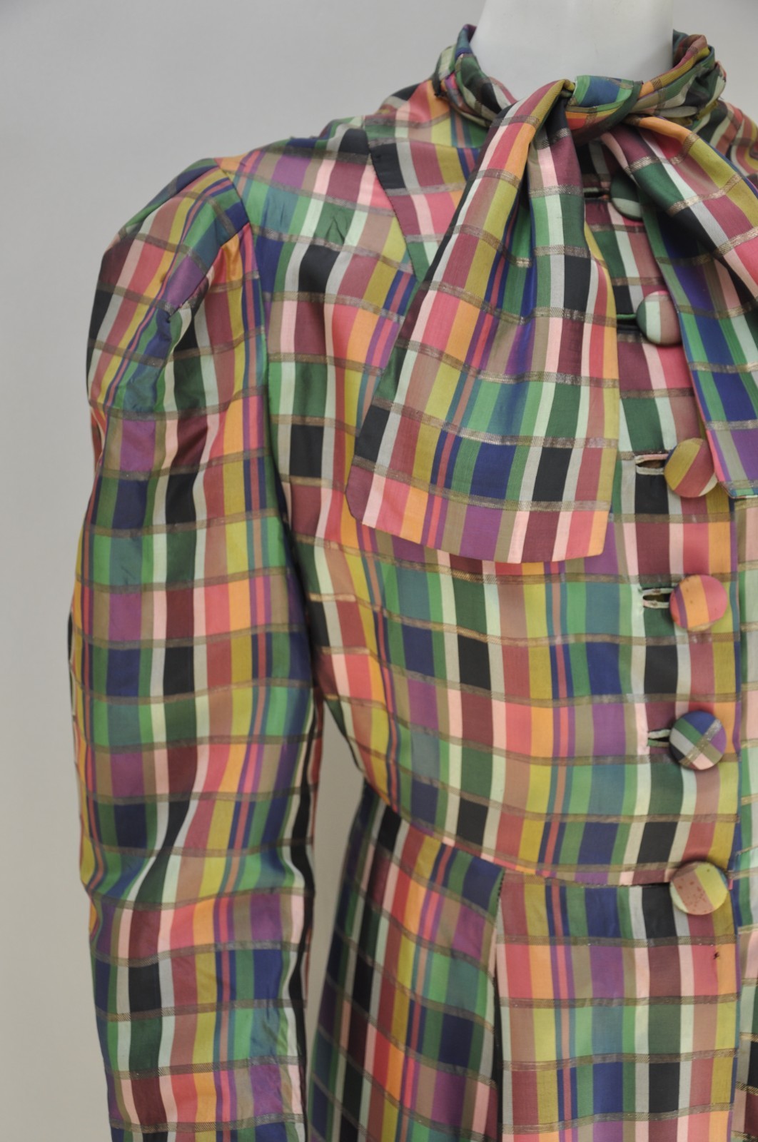 Vintage 1930s RARE Rainbow Silk Plaid Coat Mutton Sleeves Full Skirt Fancy Party
