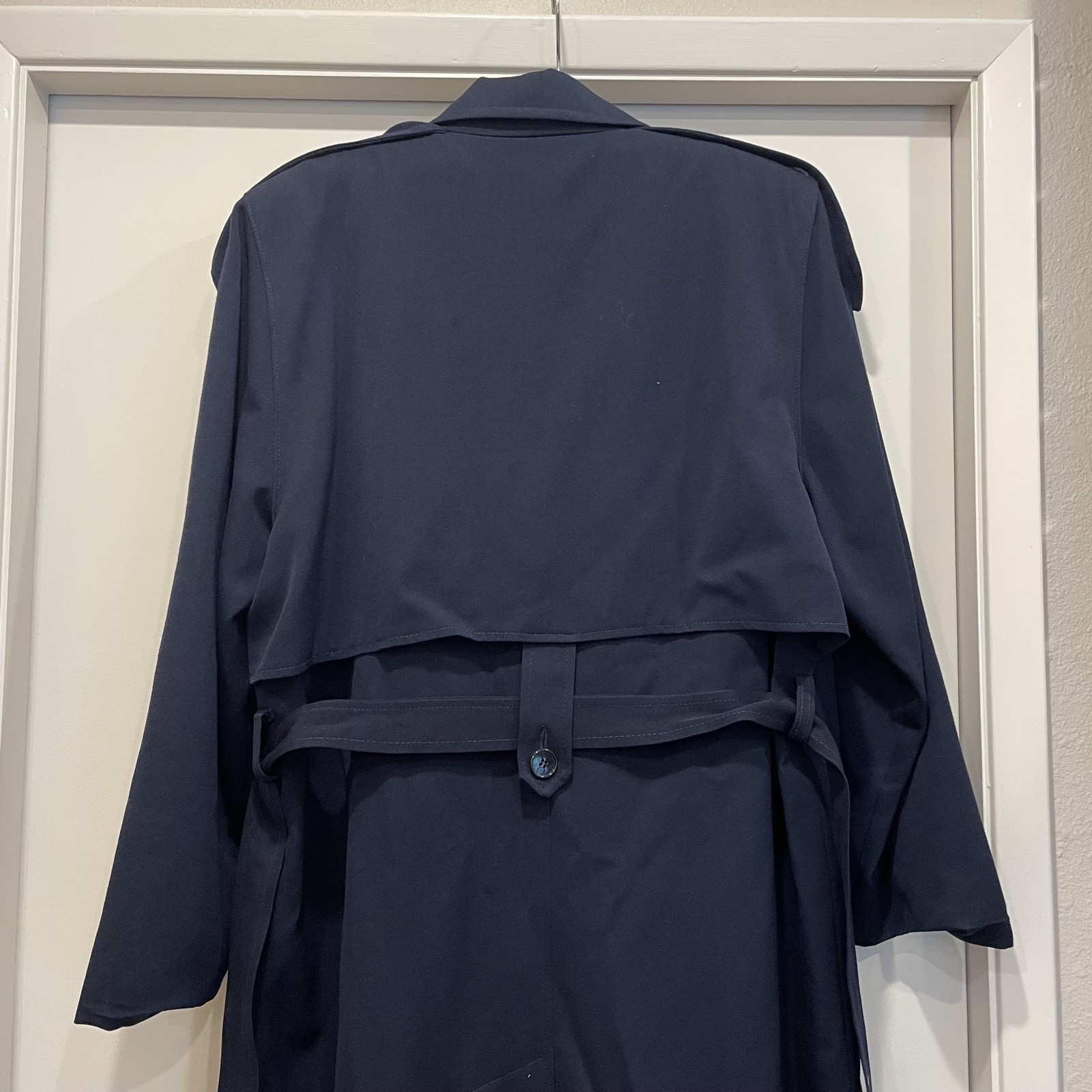 Vtg 90s Woman’s Size 14 LONG Navy 100% Wool Trench Coat Sara Roberts CLASSIC