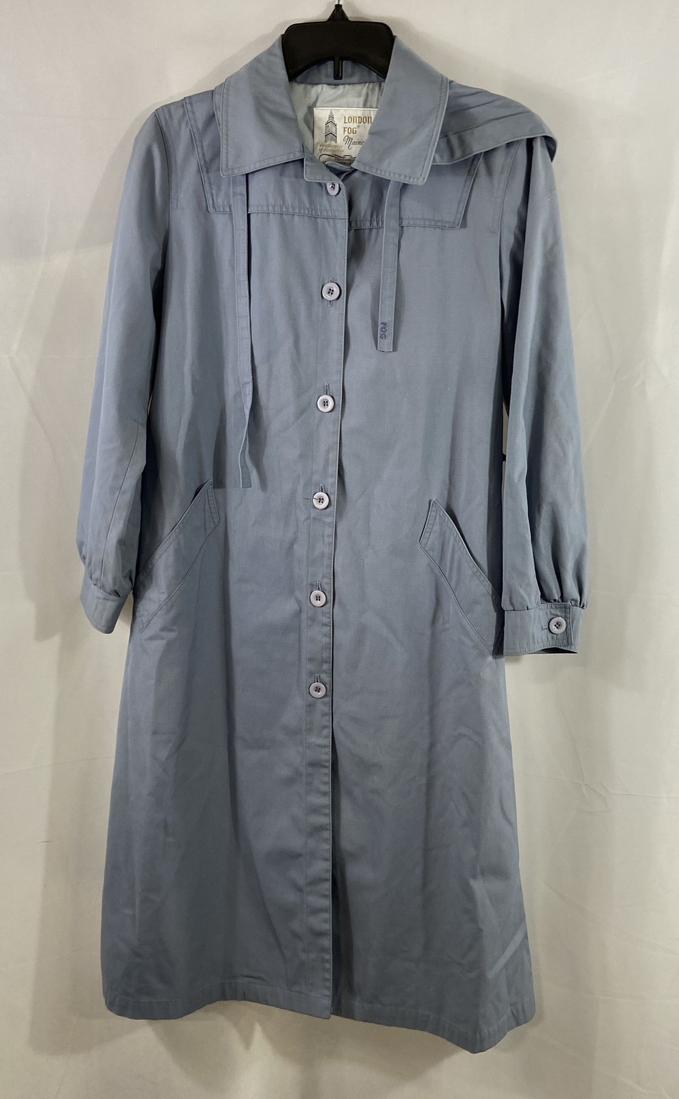 Vintage London Fog Women’s Blue Hooded Button Front Trench Coat Sz 6 Reg