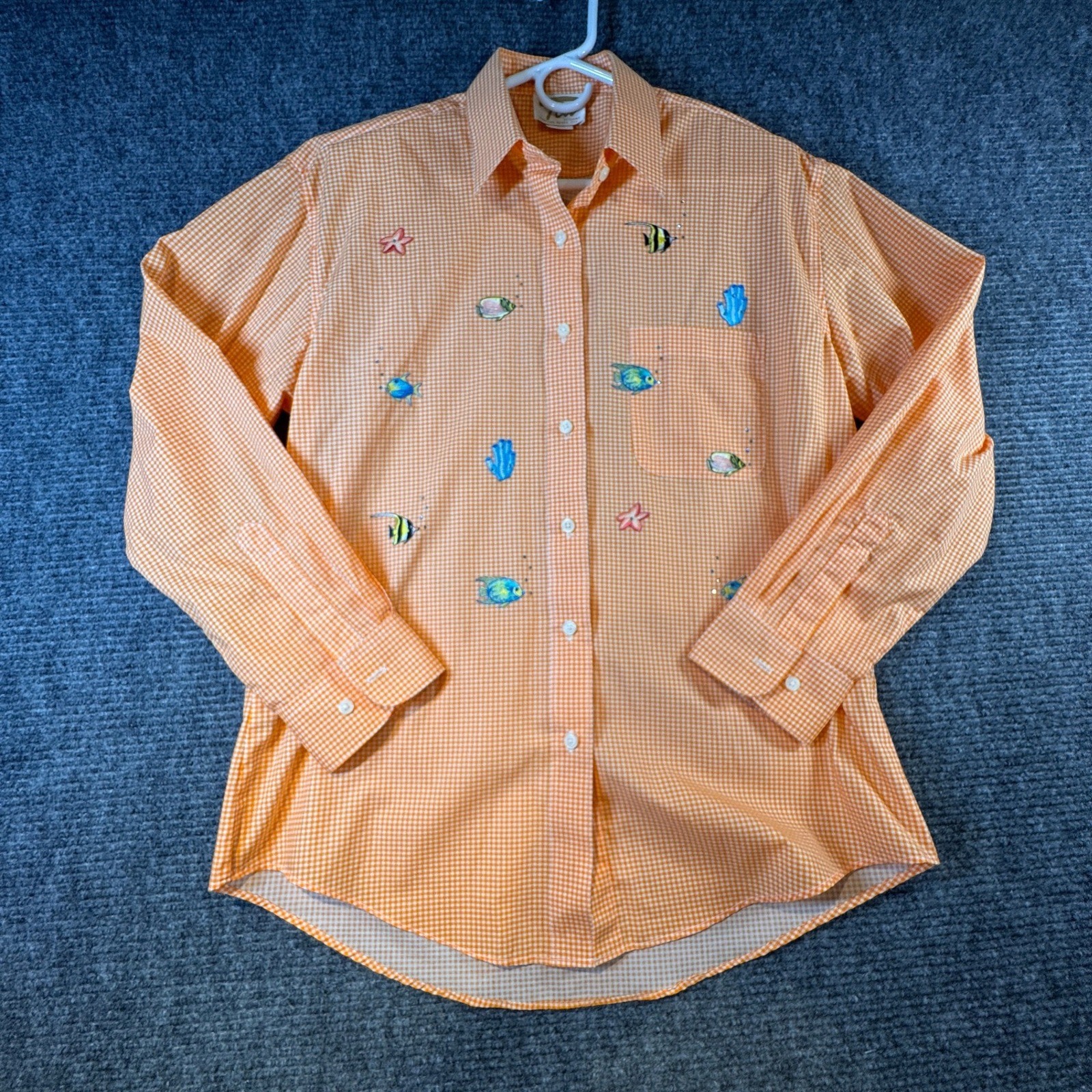 Vintage Tia Designs Orange Gingham Fish Embroidered Button Down Shirt Medium USA