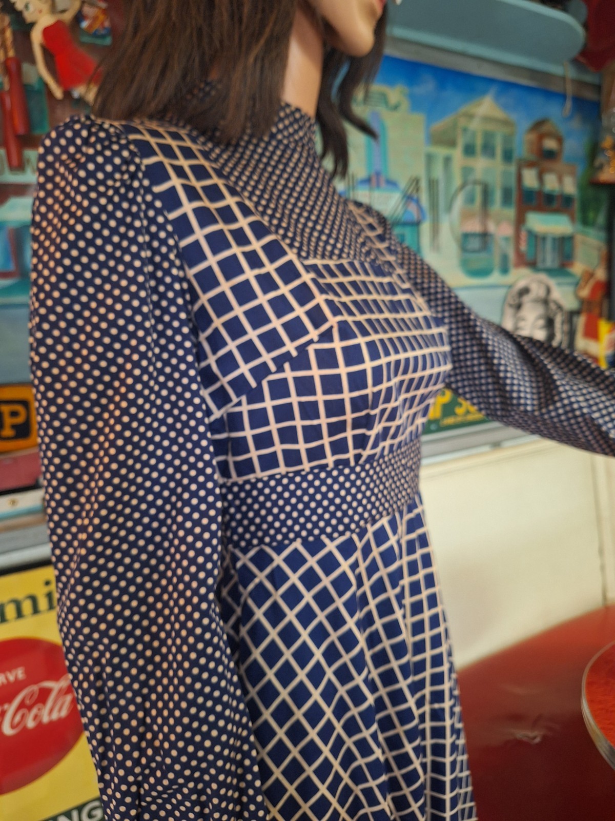 True VTG Mid-century Mod 1960s 70s High Neck Mini Dress Polka Dot Pinafore XS/S