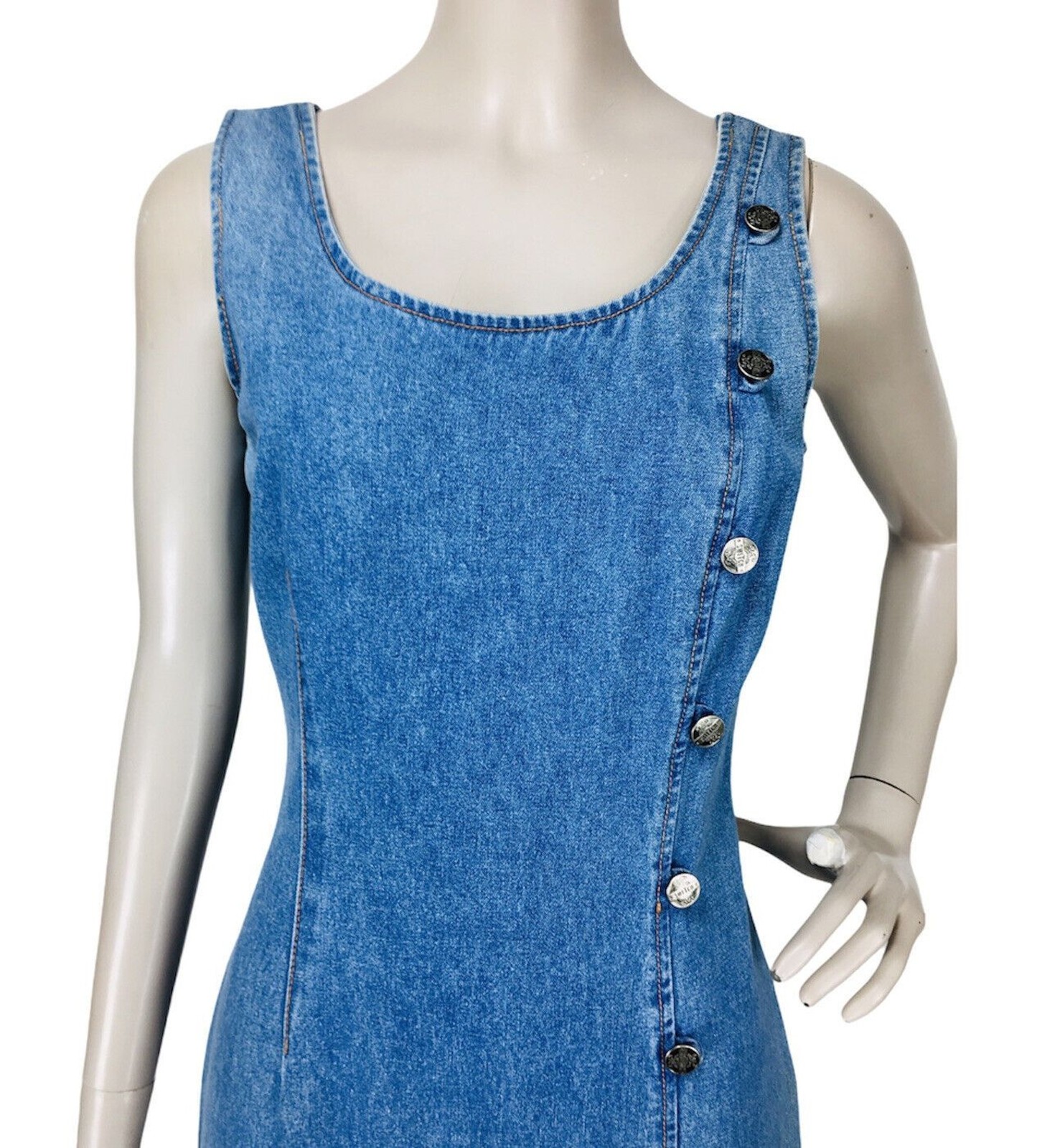 VTG 80s Bombshell Hourglass Denim Thigh-Slit Front Side Button Jean Dress NOS