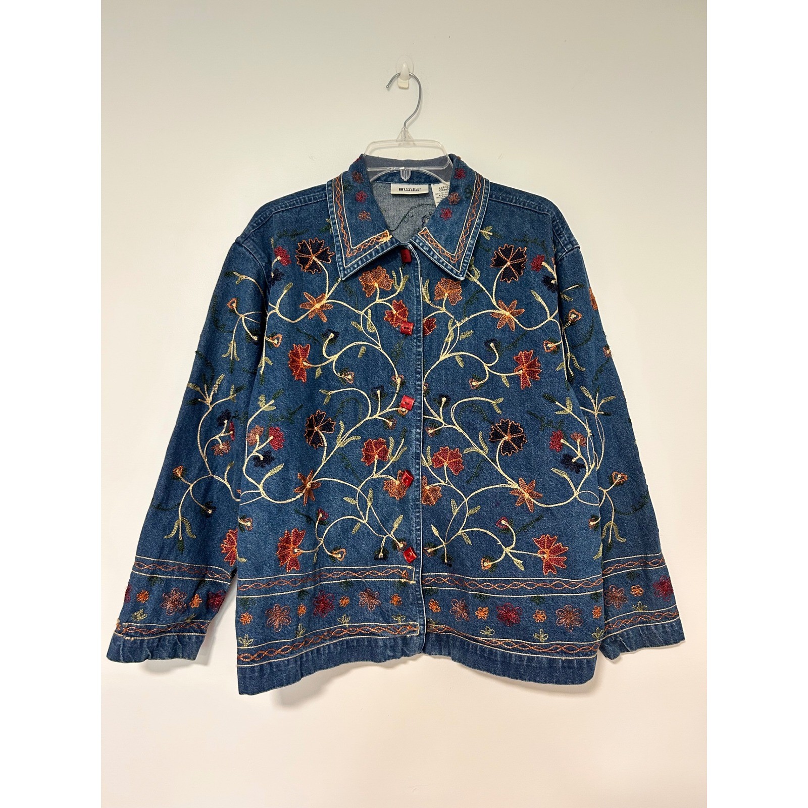 Units Vintage Floral Embroidered Denim Jacket Blue Cotton Boho Artsy Large