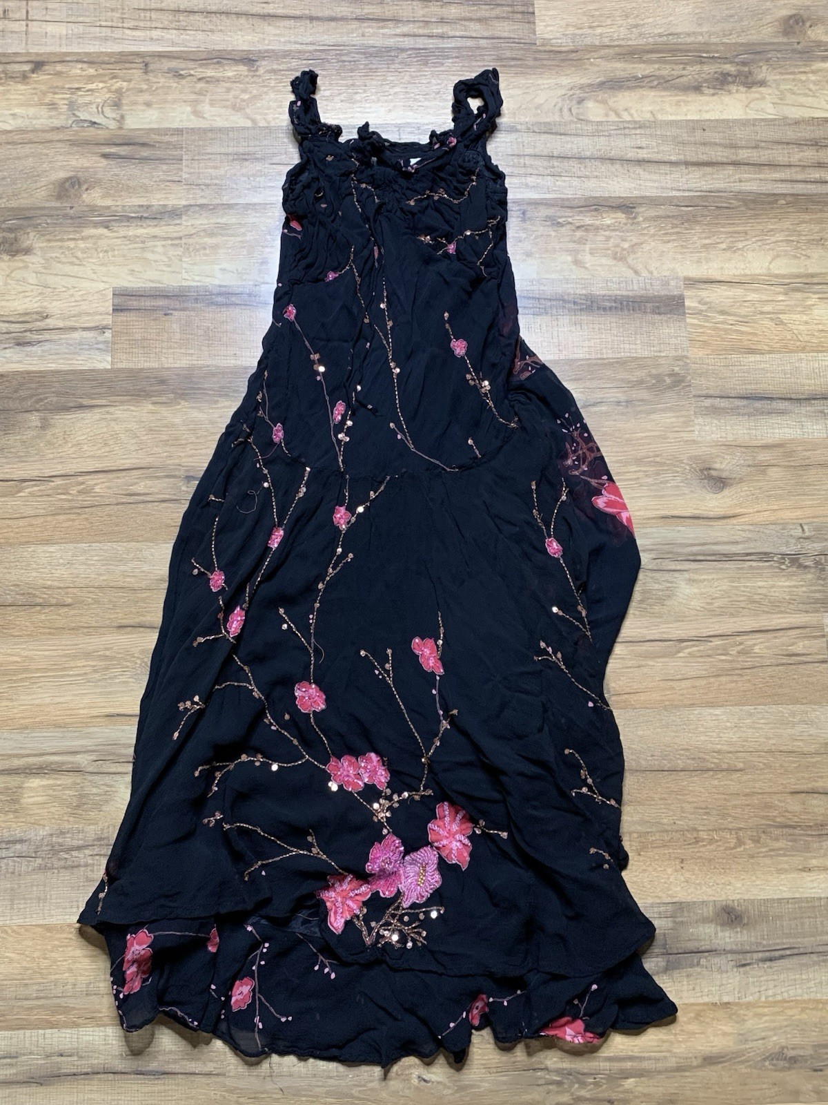 Vintage Papillon Black Rayon Dress, Embroidered Floral Medium