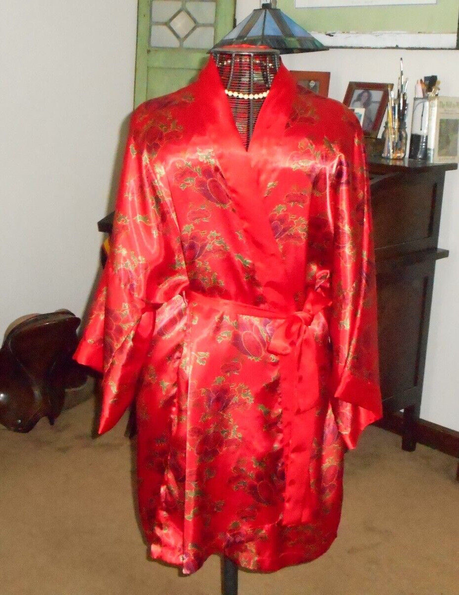 22/24 Robe Glossy Red Satin Kimono Art Nouveau Solange NOS