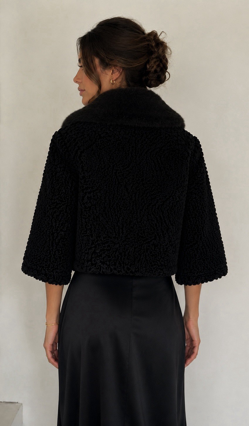 Vintage Black Persian Lamb Curly Wool Short Jacket Fur Collar 3/4 Sleeves