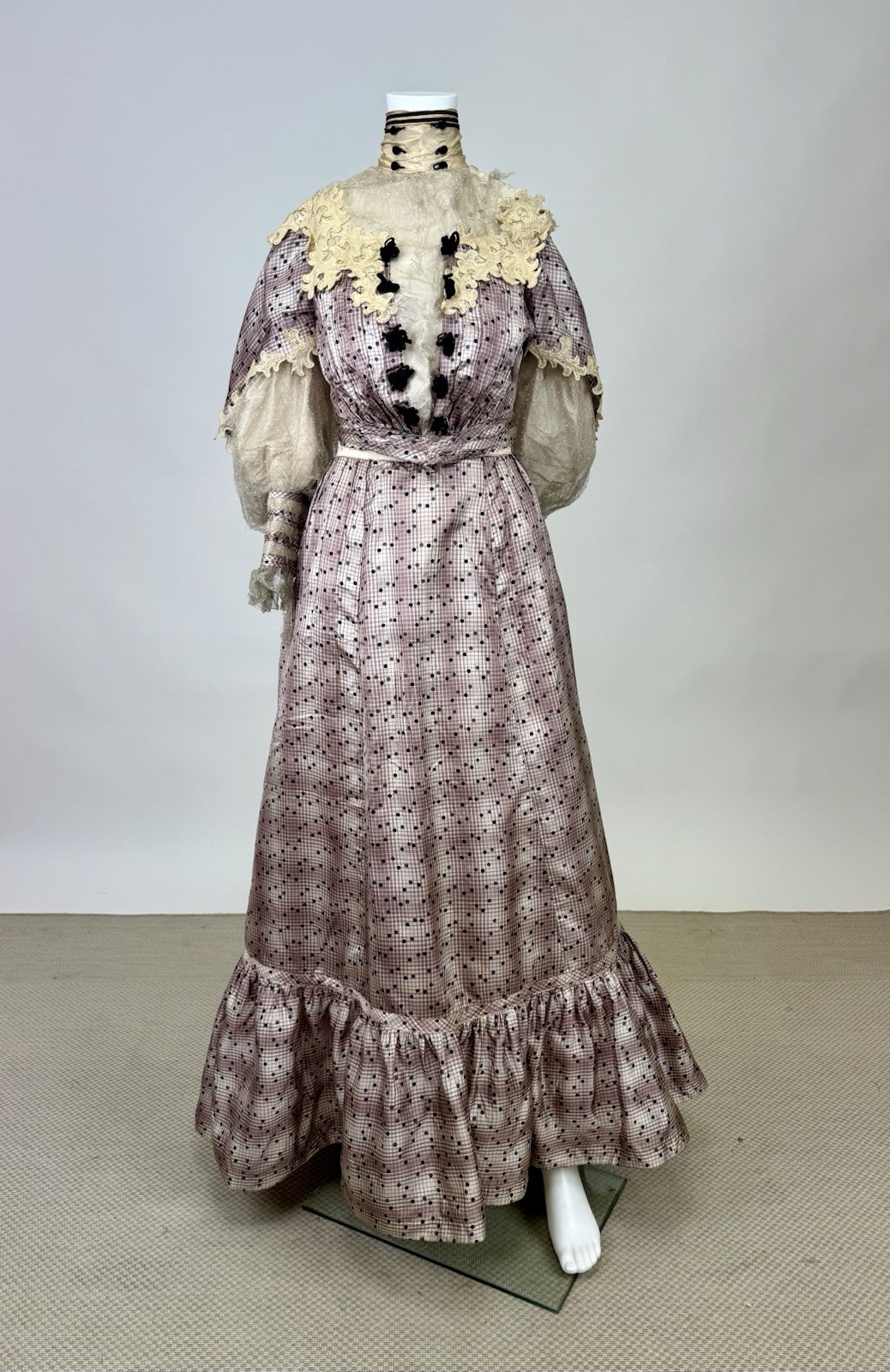 Antique Two Piece Skirt and Bodice Set Mauve Plaid Navy Polka Dot Lace AS IS