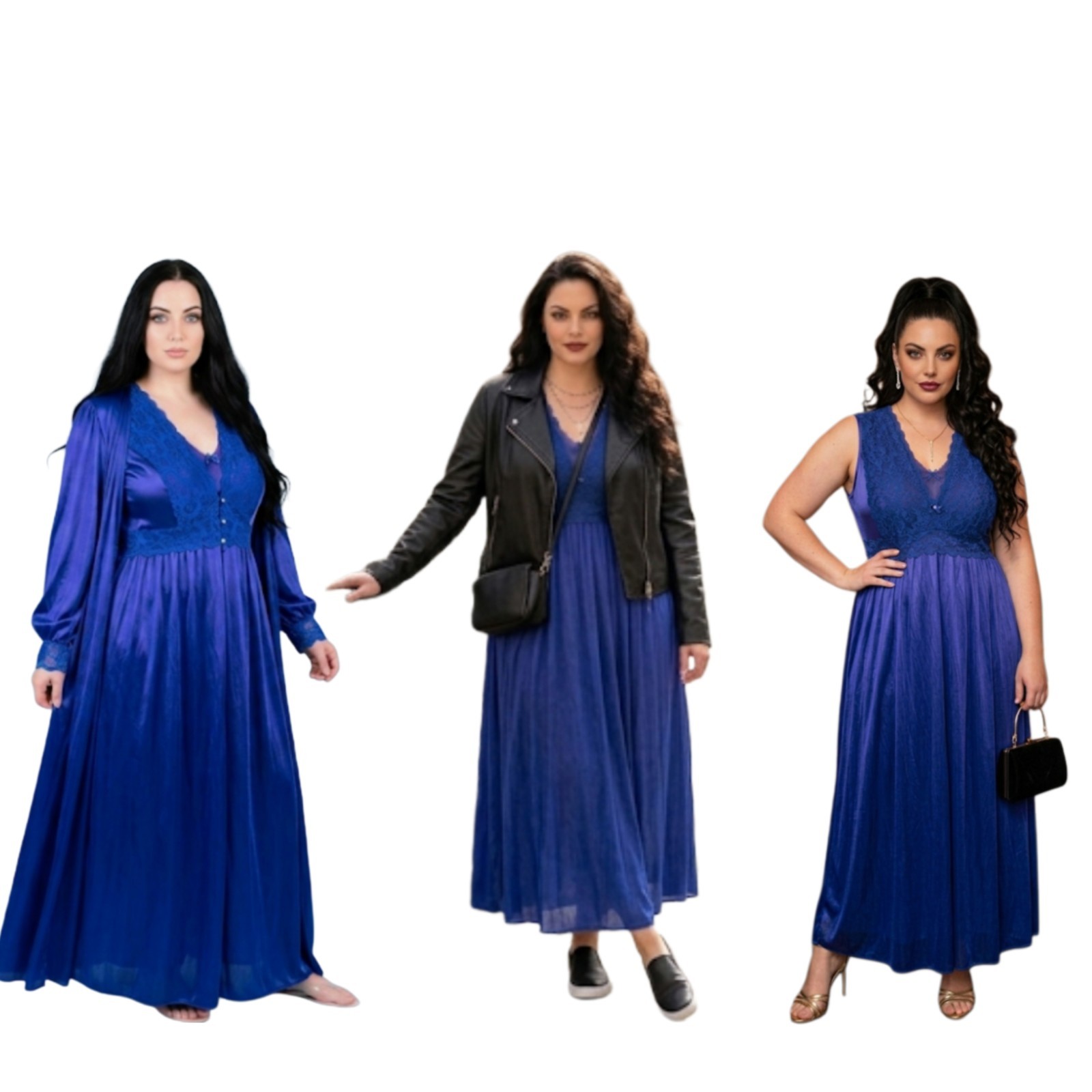 Stunning Vintage Shadowline 2-Piece Peignoir Set in rich Cobalt Royal Blue!