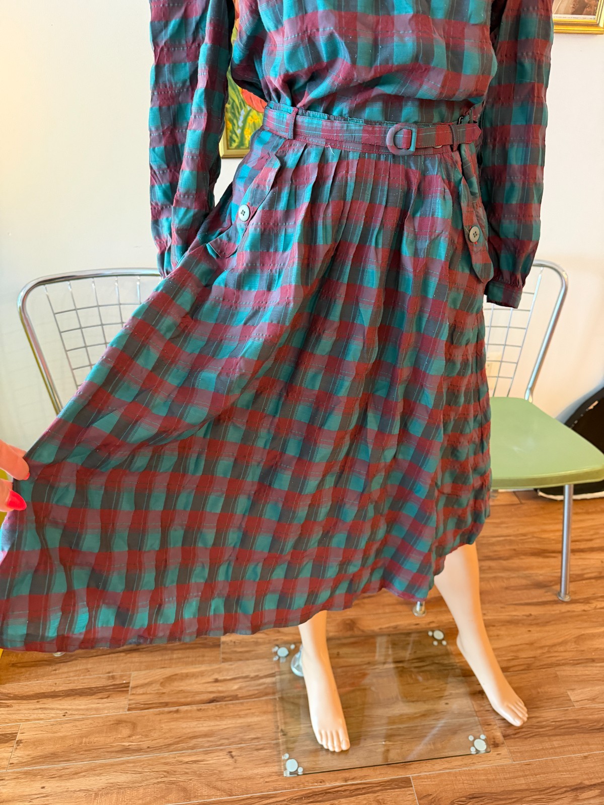 🎀 Vtg 70s Asian Export Plaid Cotton Batwing Pussy Bow Top Skirt Buckle Dress M