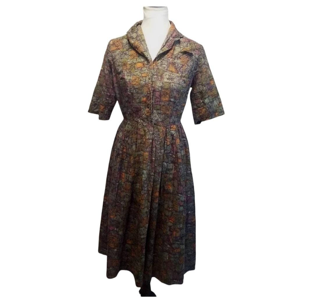 Vintage 1950s Abstract Pollock Print Day Dress, Atomic MCM Midcentury Shirtwaist