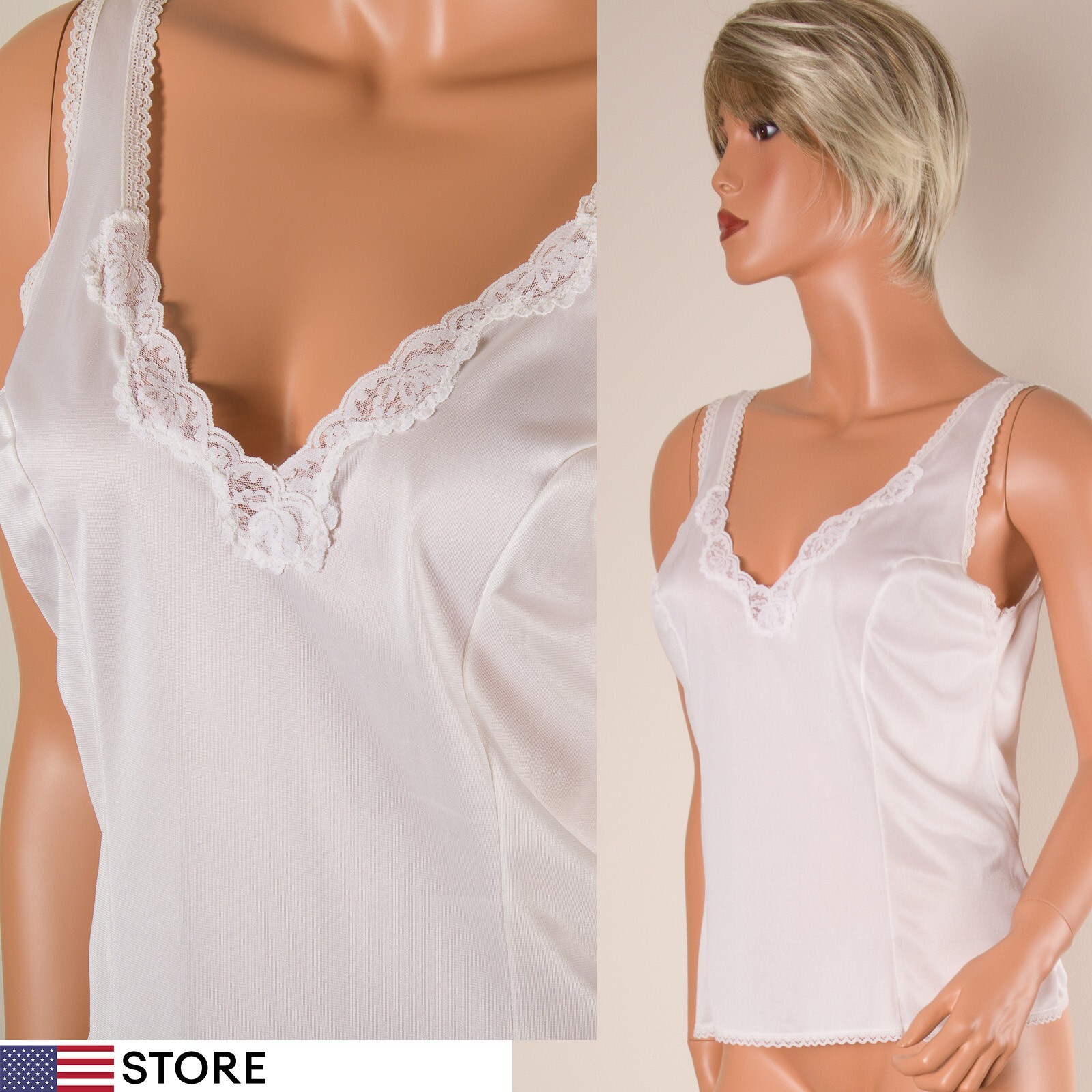 💖 FORTUNE Sz L Cream Off White Cami Tank Top V-Neck Silky Nylon Lace Trim