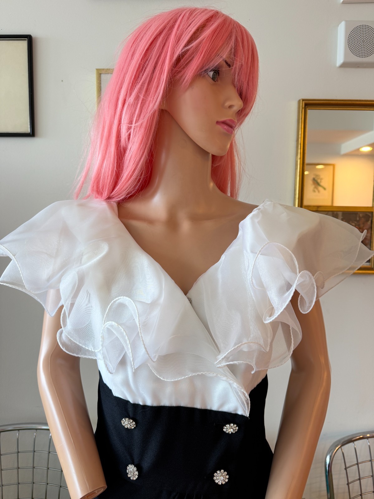 🎹 Vtg 80s Trophy Dynasty Glam Ruffle Tuxedo Cummerbund Maxi Party Dress M