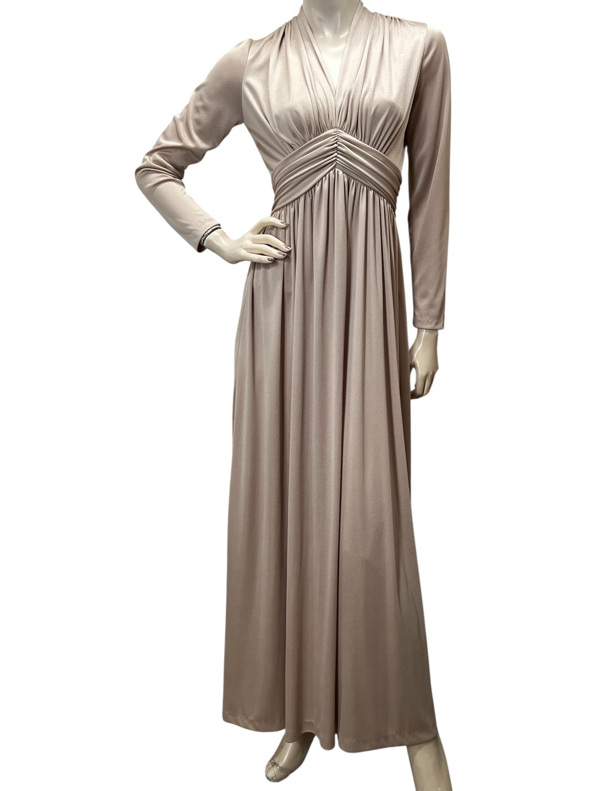 Vtg 70s S~M GRECIAN Maxi Dress Tan Silky Polyester Knit MISS ELLIETTE CA