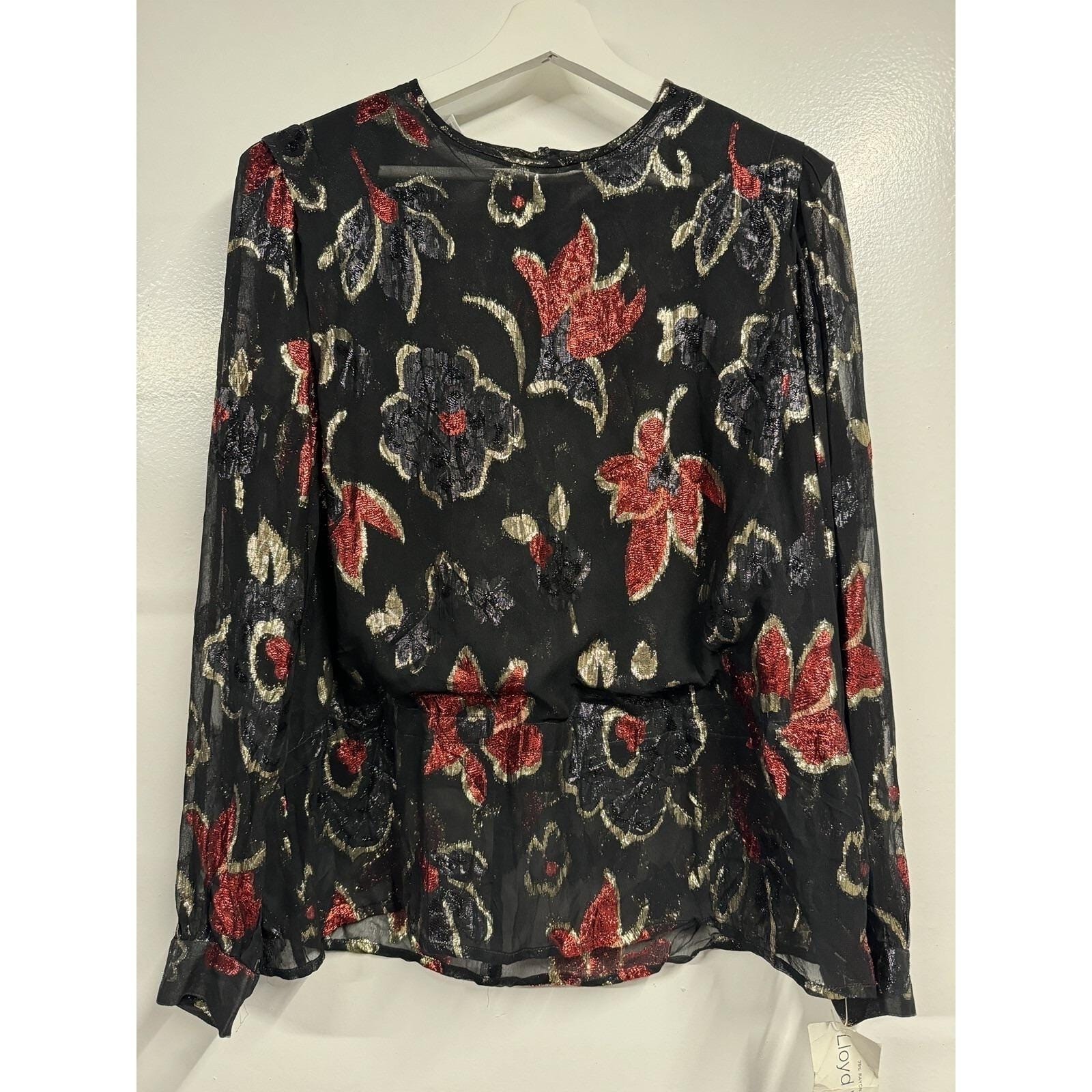 Lamé Metallic Blouse 80s Disco Lloyd Williams Red gold black Floral Top 14 New