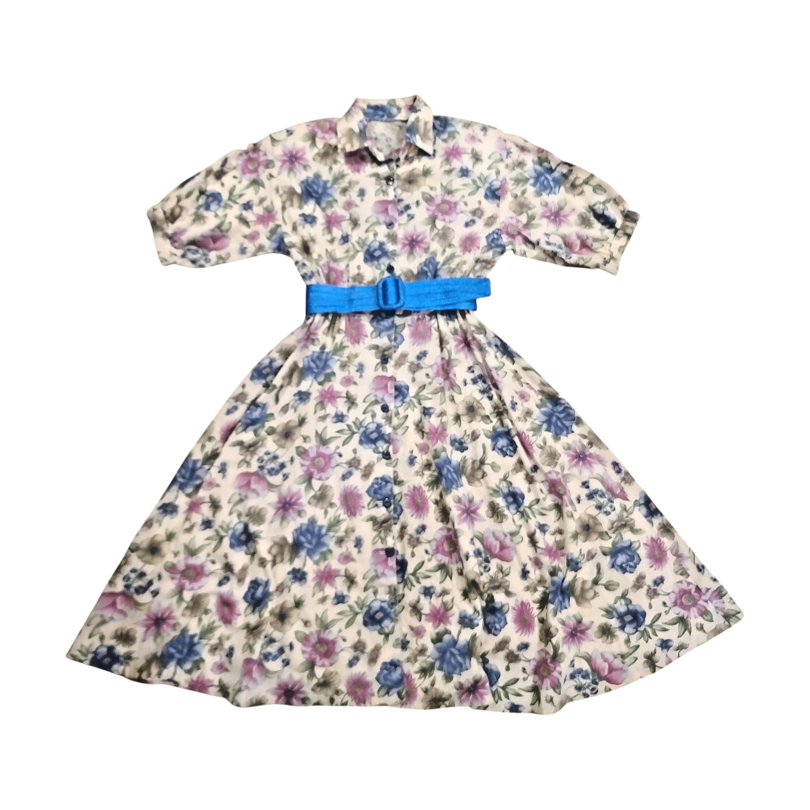 Vintage Floral Midi Button Up Collared Belted Shirt Dress 80s 90s Handmade