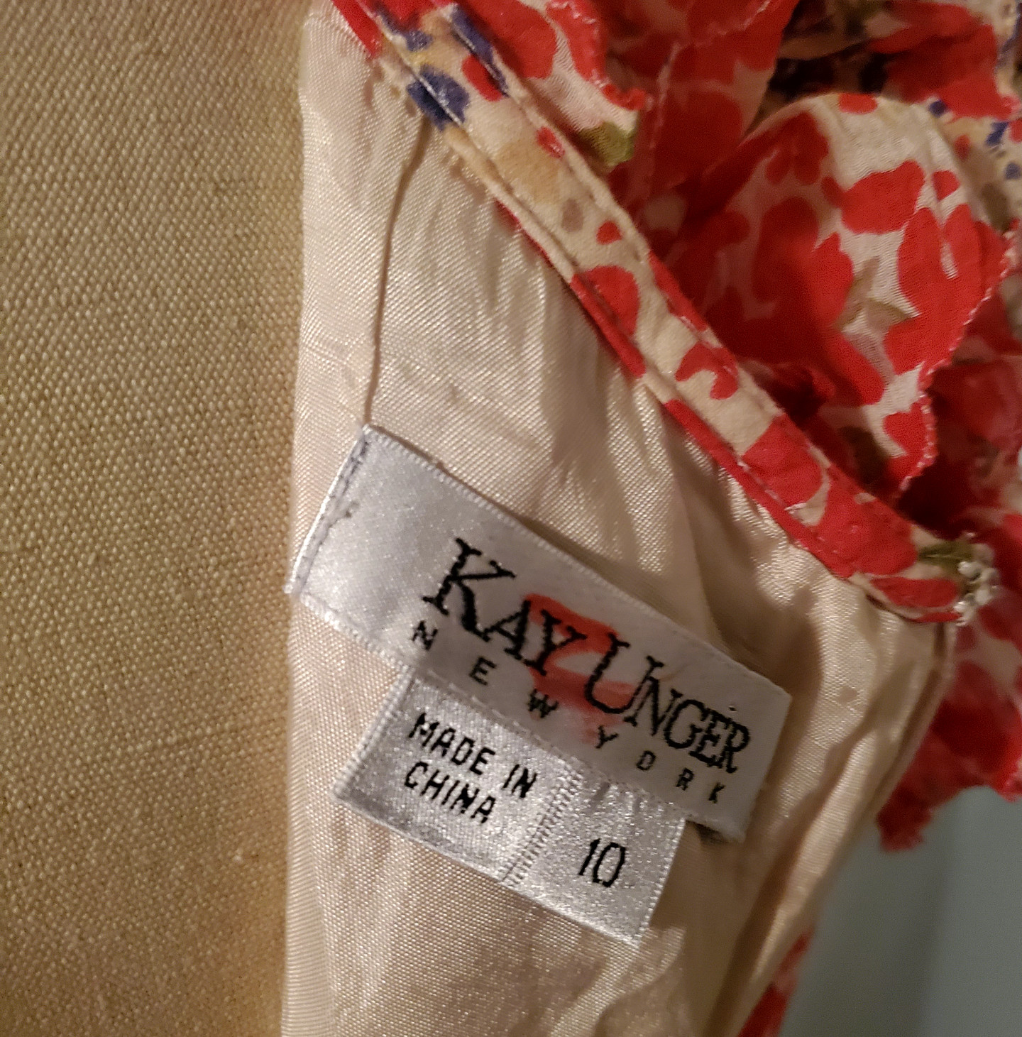 90s VTG Kay Unger Cotton + Silk Red Floral Patterened Dress w/ Frilled Collar