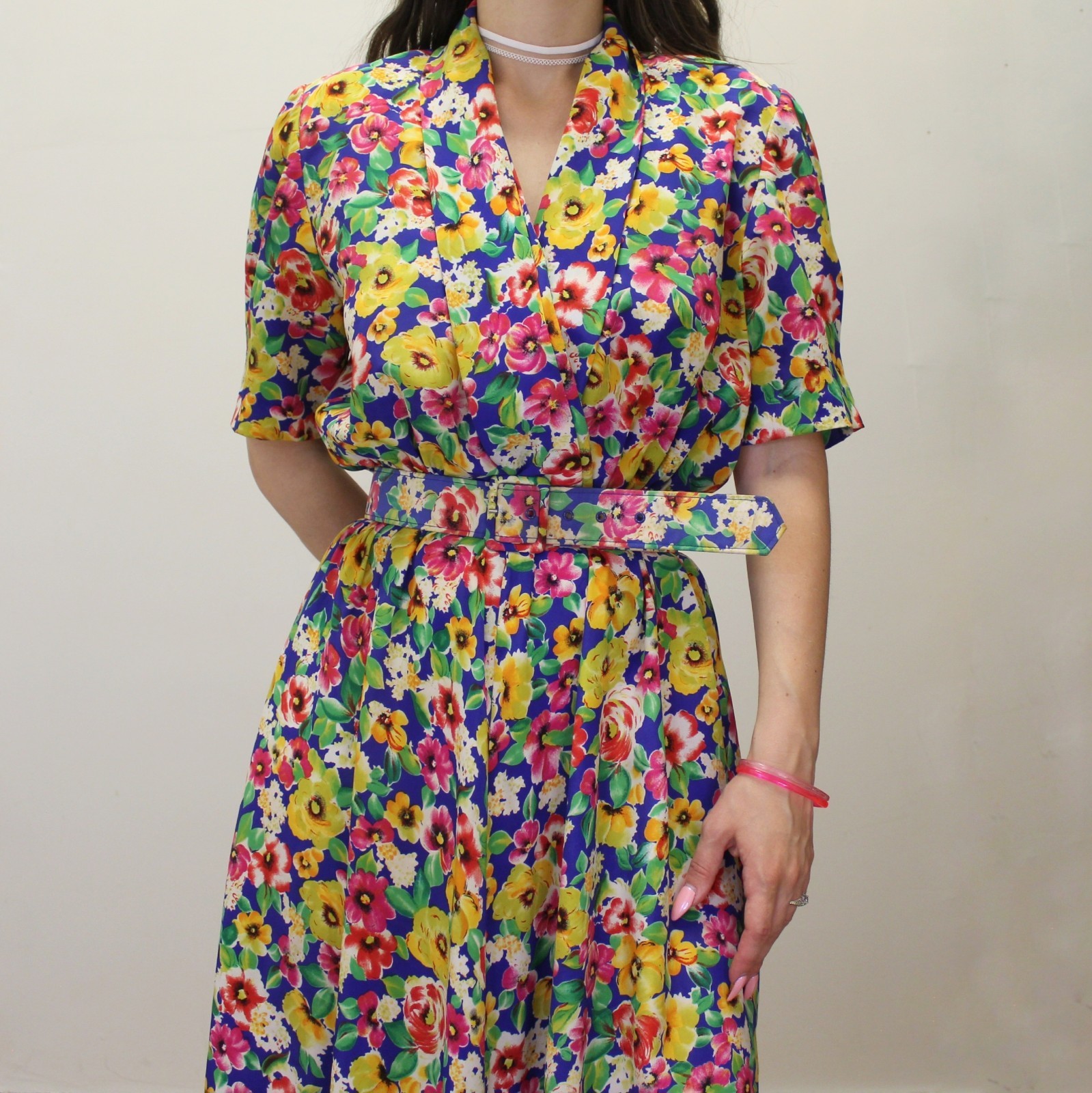 Vintage 80s Floral Midi Dress with Belt by Liz Roberts