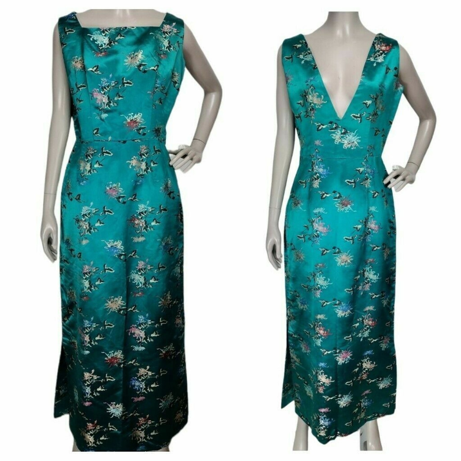 VTG 40’s Traditional Teal Silk Jacquard Sleeveless Cheongsam Qipao Maxi Dress