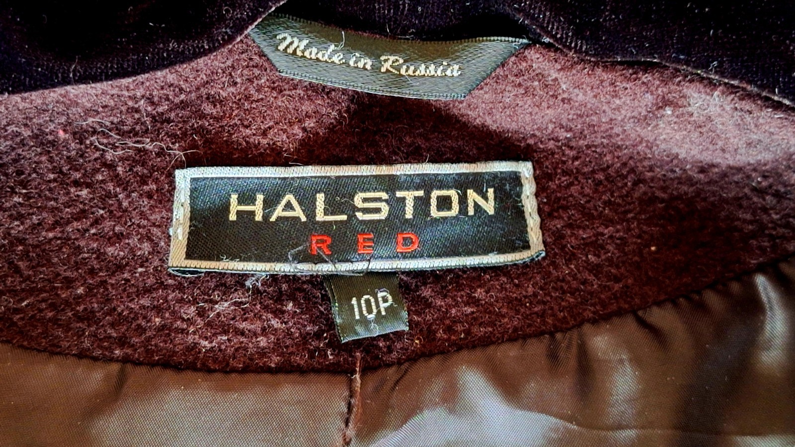 Halston Wool Hooded Coat In Chocolate Brown With Black Velvet Trim and Buttons.