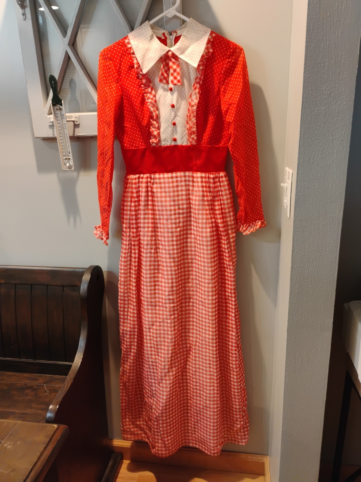 Vintage 1970’s Dress Red Gingham Maxi Prairie Maxi Cottage Size 9/10 (L-4)
