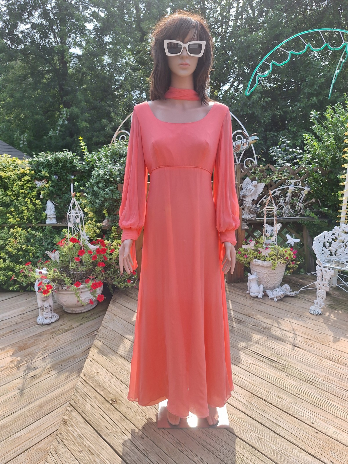 Mid-century Mod 1970s Empire Waist Chiffon Evening Gown Maxi Dress Bridesmaid L