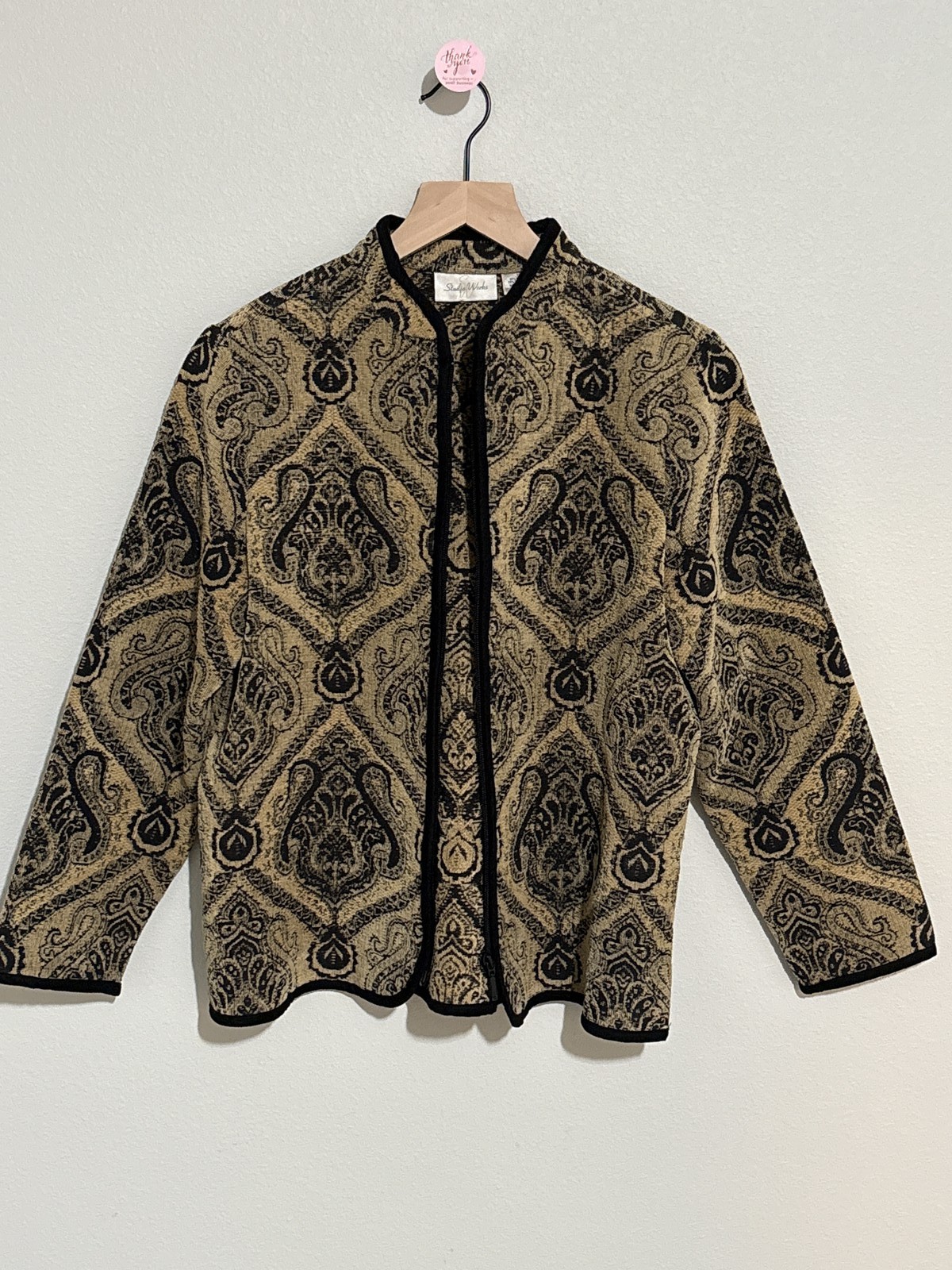 Studio Works Womens Jacket Size S Tan Black Paisley Full Zip Cardigan