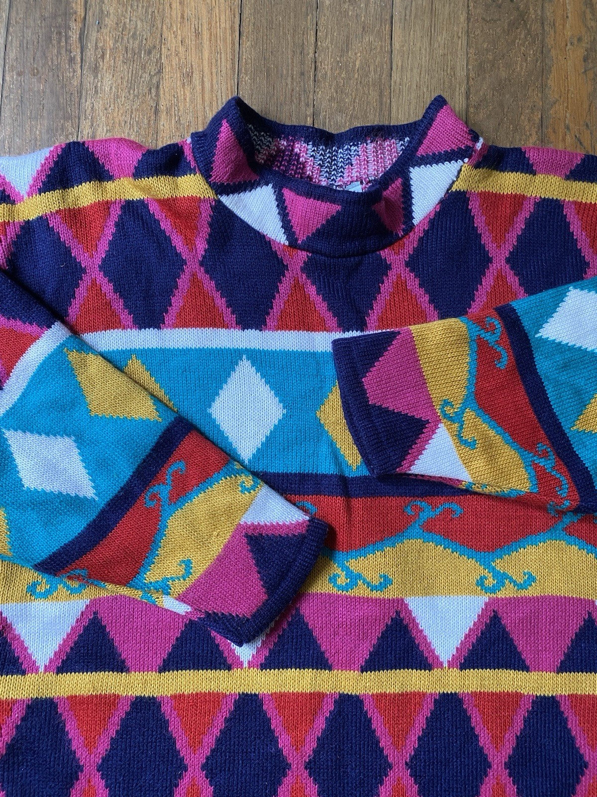 Vtg 80s Willow Ridge Geometric Diamond Knit Sweater Dress Tunic Loud Bright Med