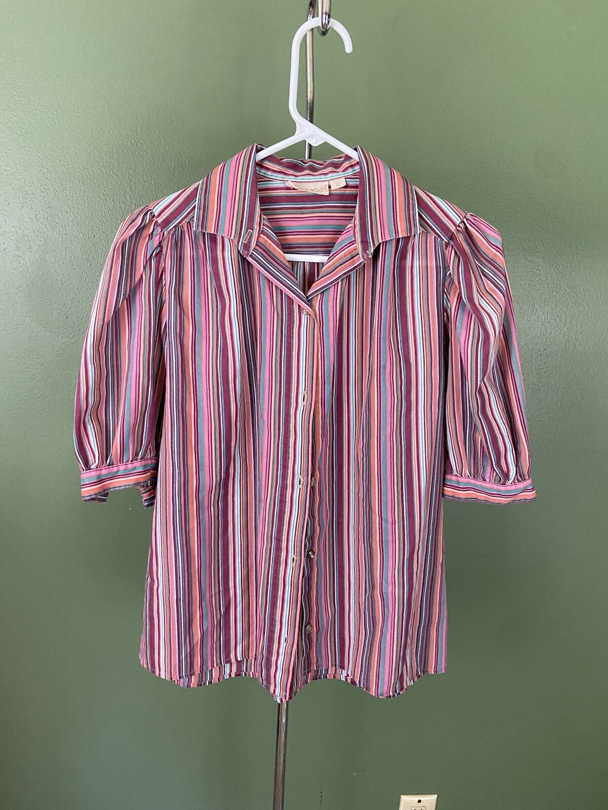 VTG 70s John Meyer Purple Pink Stripe Geometric Puffy Short Sleeve Blouse 10