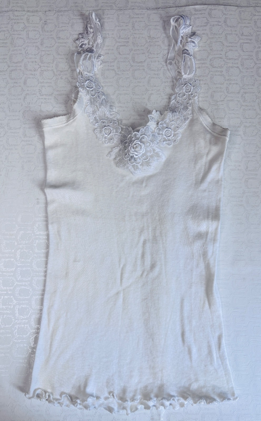 VTG MICHELE NICOLE WESLEY WHITE COTTON KNIT SCALLOP HEM LACE CAMISOLE TANK TOP*S