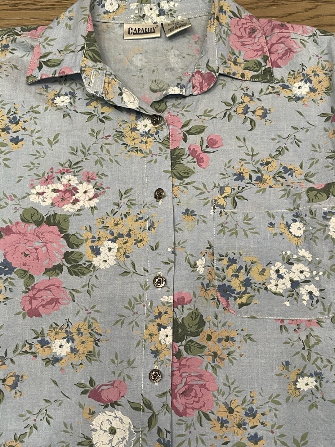 Capacity Vintage 90s Blue Floral 100% Cotton Long Sleeve Button Up Shirt Size S
