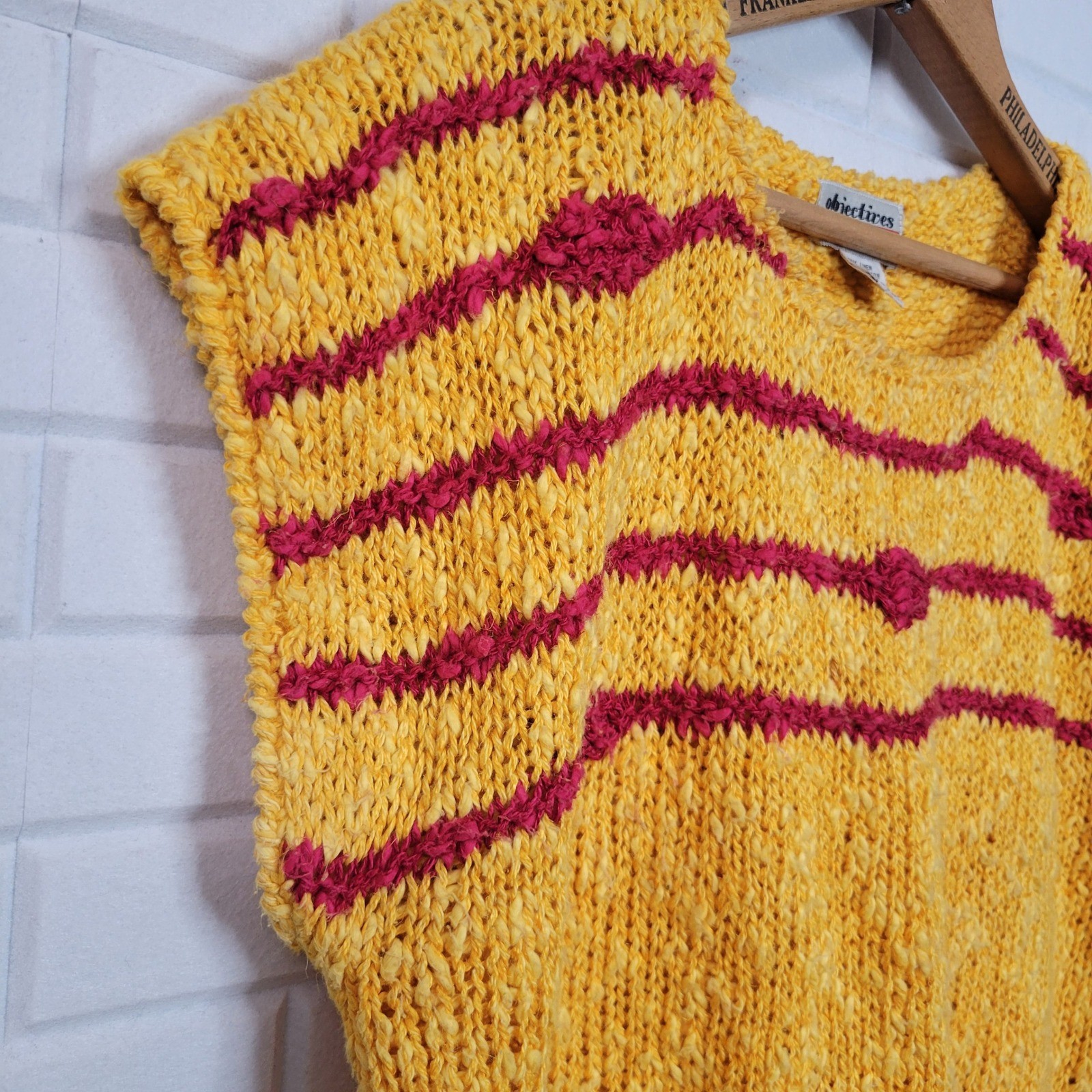 Vintage 1980s Objectives Summer Sweater Sz Large Textured Linen Blend Dopamine
