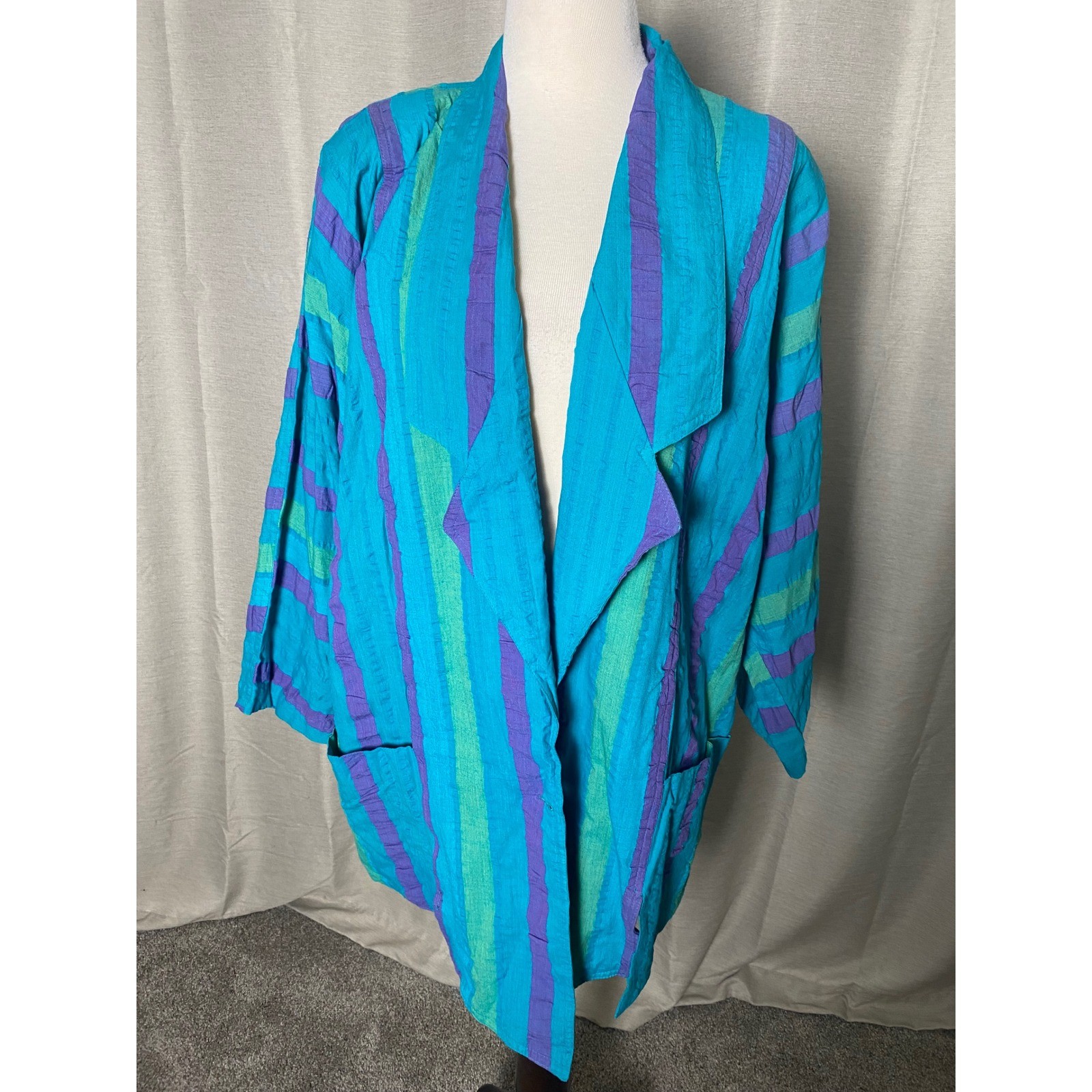 Vintage Gypsy Pier 1 Cotton Striped Jacket Teal Purple 80s 90s Boho Oversized M