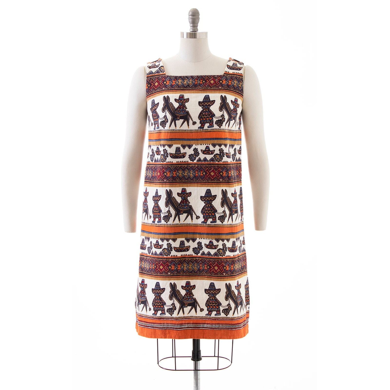 Vintage 1960s Sundress 60s Mexican Striped Novelty Print Cotton Shift Dress