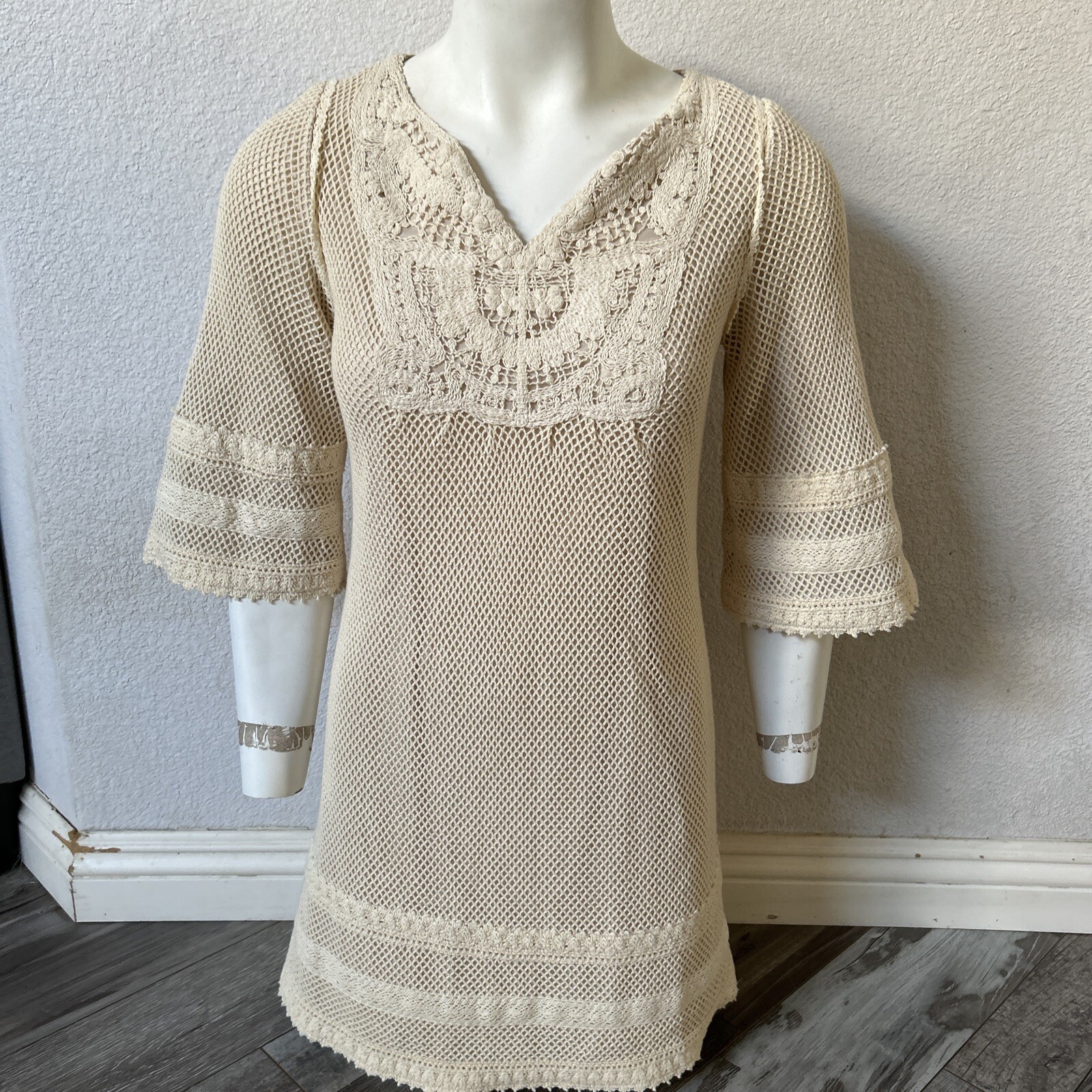 VTG 1970s Crochet Sheath Dress Short Sleeves Knit Size 8
