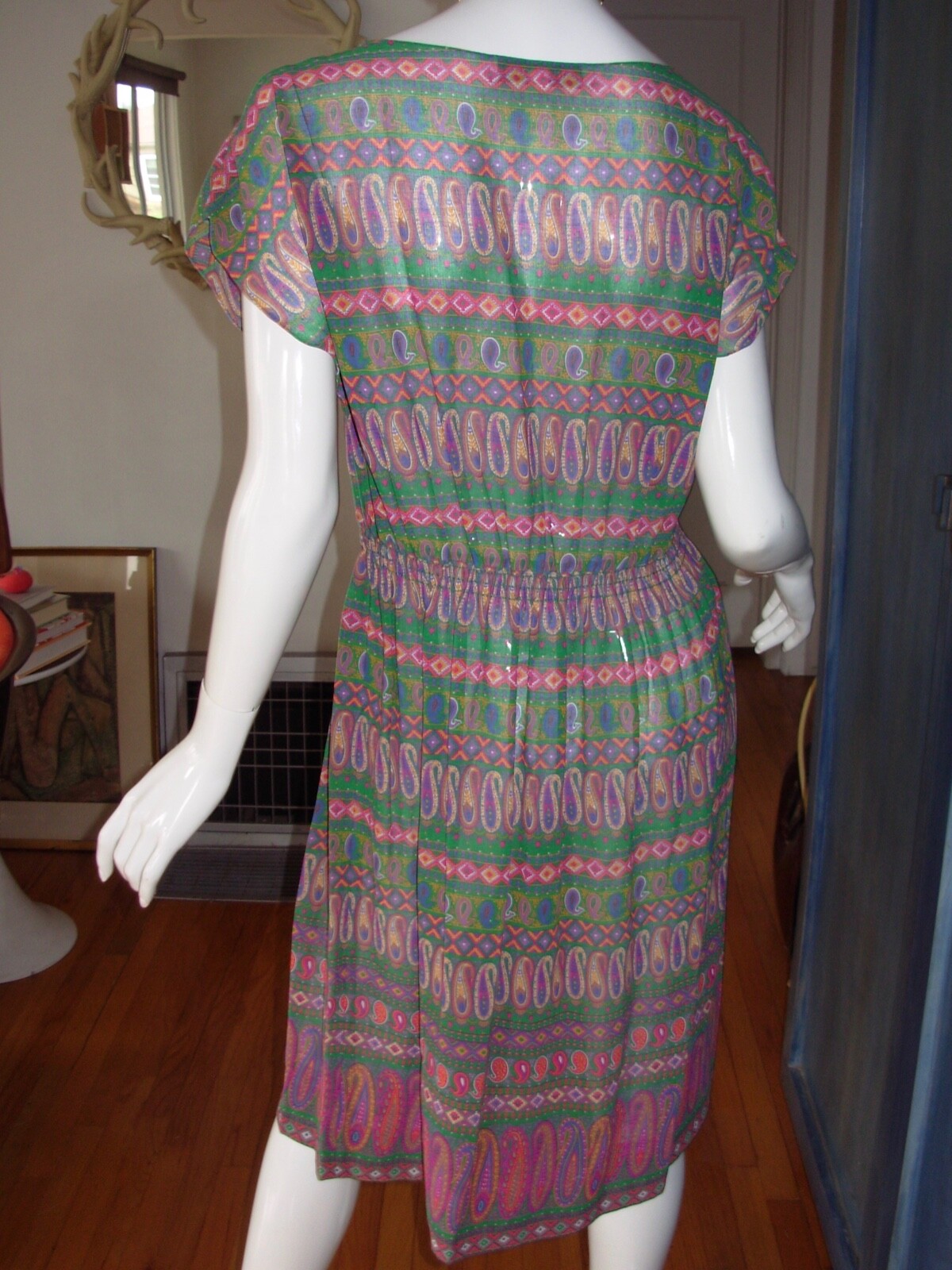 Vtg 70s 80s EDITH STRAUSS Dress M Patchwork PAISLEY Print Secretary Boho Peasant