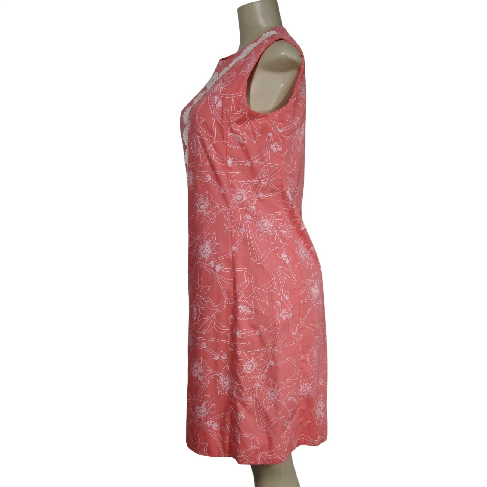 VTG 60s 70s MOD Floral Coral Pink Retro Tropical Mad Men Shift Summer Dress S M
