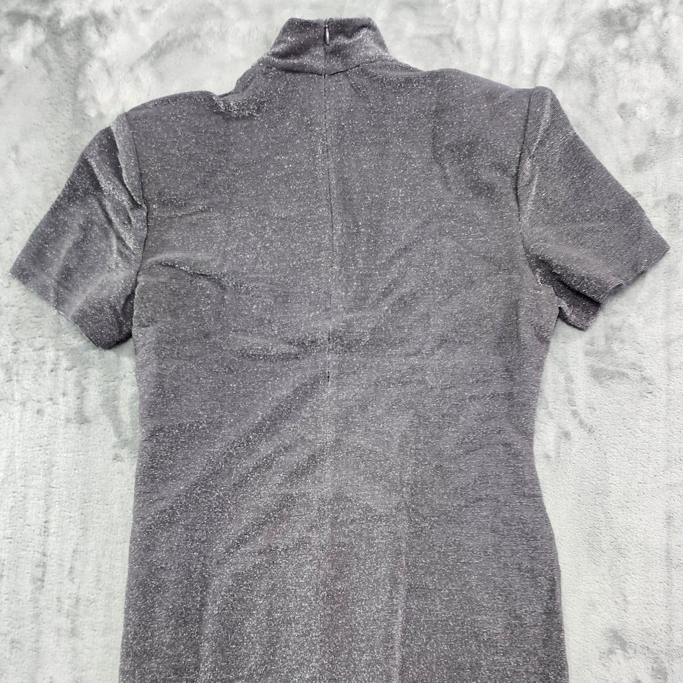 Vintage K.C. Spencer Dress Womens M Silver Metallic Mock Neck Short Sleeve Zip