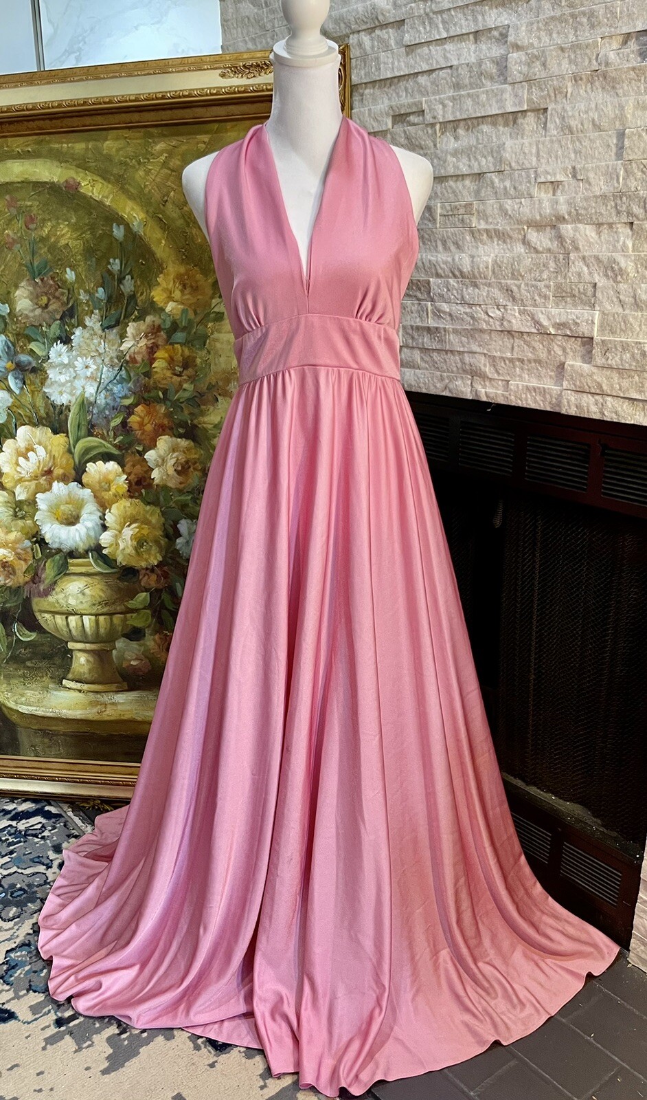 VTG 1970s PINK Ball Gown Liquid Silk Party Halter Gala Formal Size Small