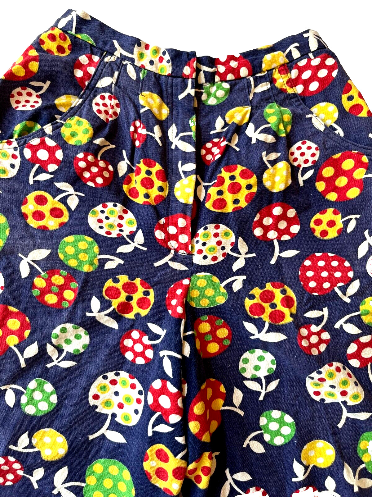 Vintage Womens Shorts Size Small Groovy 1970s Polka Dot Fruit High Waisted Blue