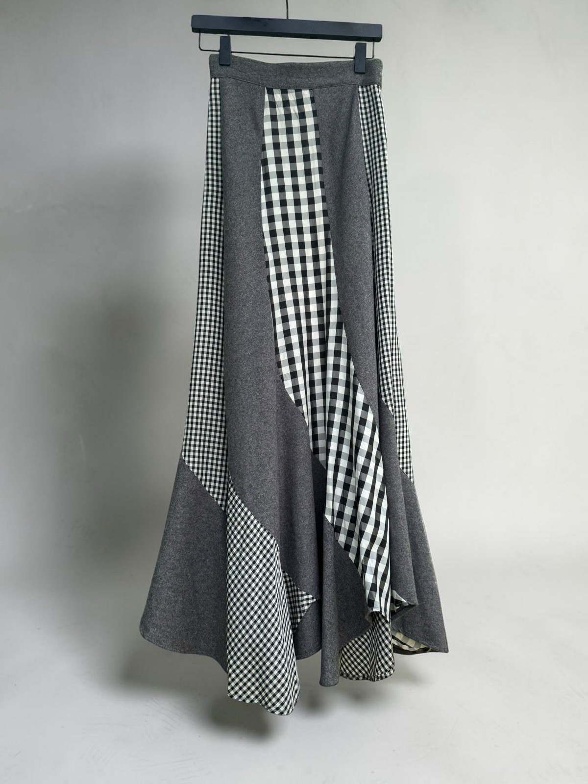 Vintage 70’s ARTBRO Black & White Plaid Check Gray Wool Patchwork Maxi Skirt Sml