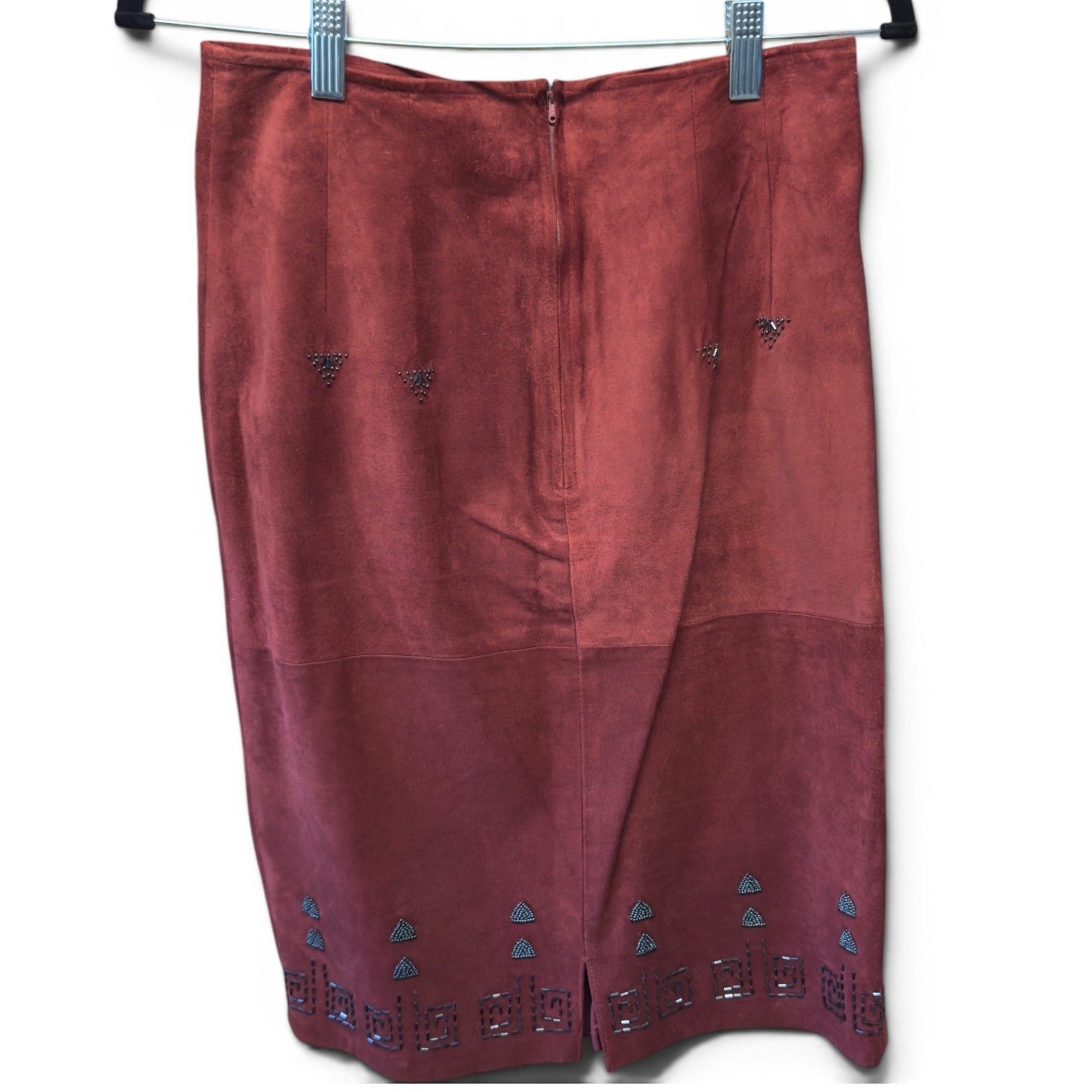 Pia Rucci Vintage Red Suede Leather Beaded Pencil Skirt Size 10 Rust Boho Midi