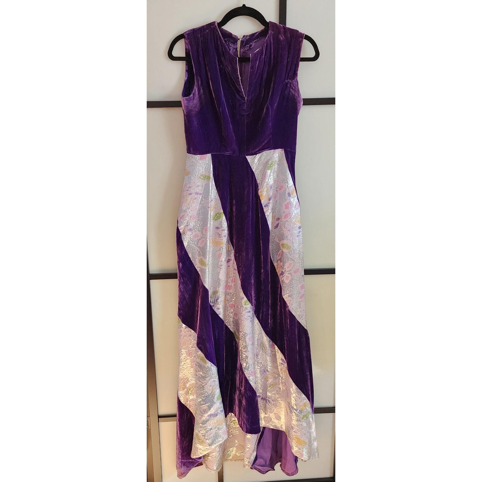 Vtg 60s Long Purple Velvet Gown Silver Metallic Insets Bias Skirt New Orleans S