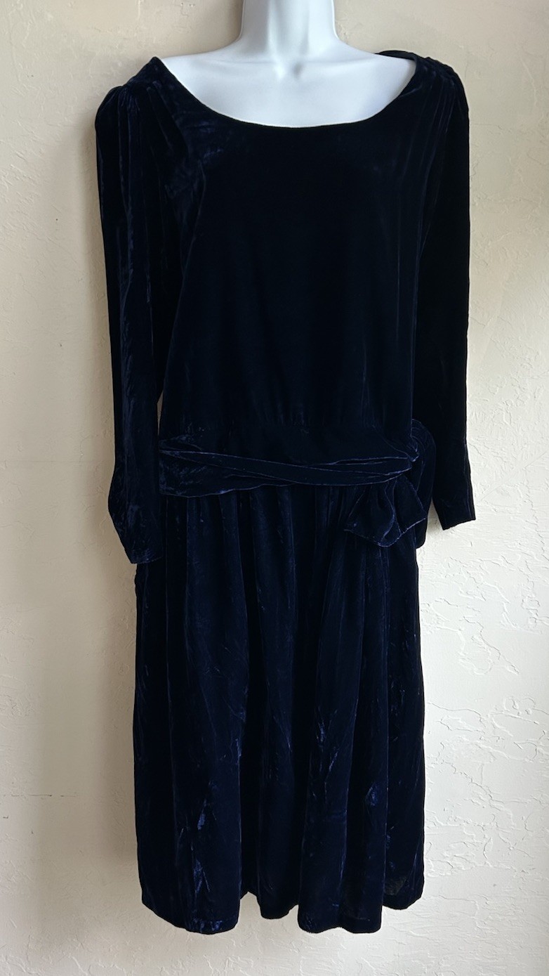 Vintage Eileen West Royal Blue Crushed Velvet Dress L Holiday Dropwaist Gatsby