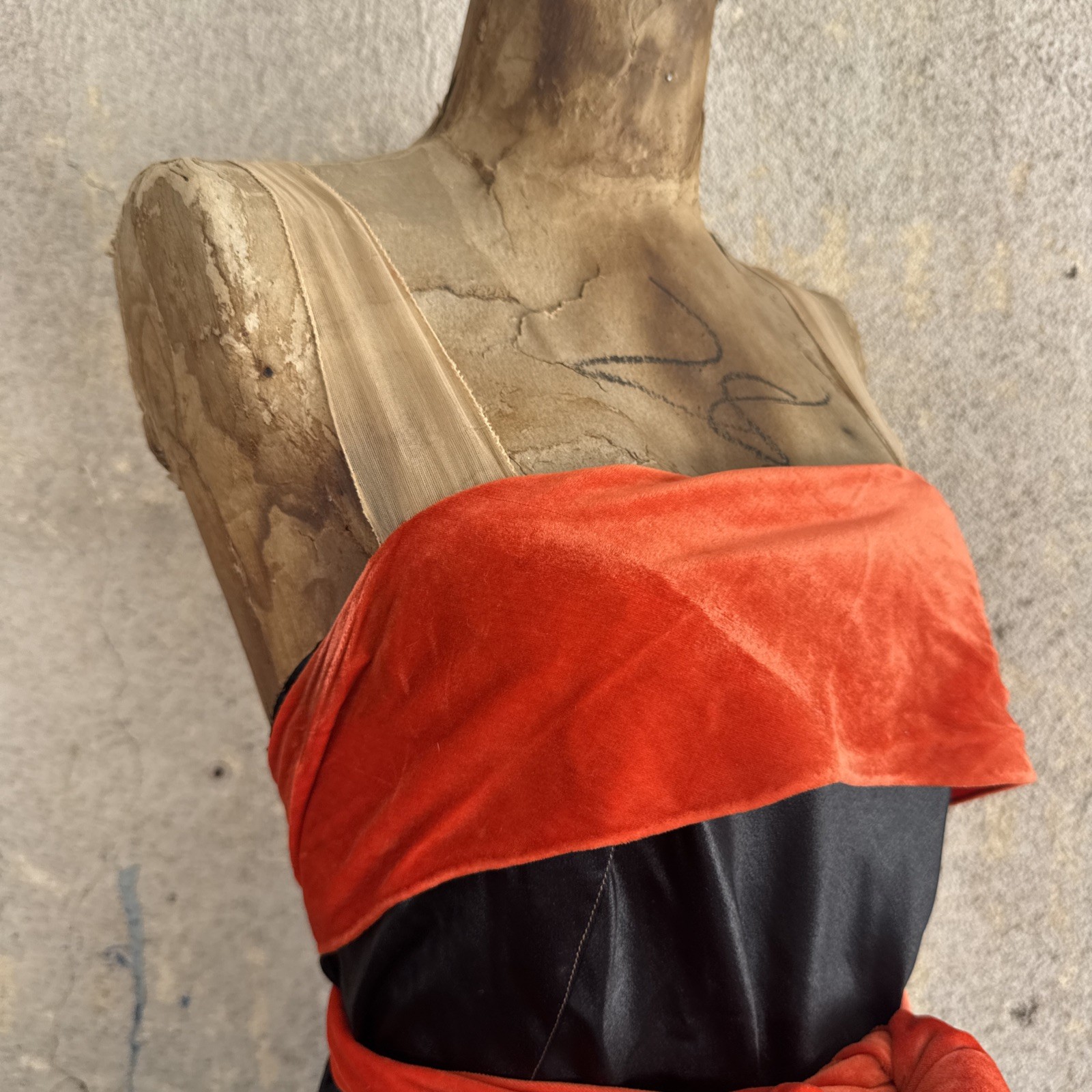 Vintage 1930s Black Silk Satin Dress Orange Silk Velvet Bow Wrap Lace Trim Bias