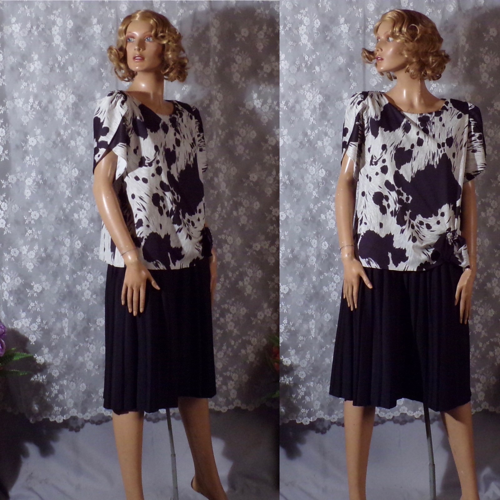 Vintage 80s Cocktail Dress Size Large 1980s Retro Black & White Drop Waist Glam