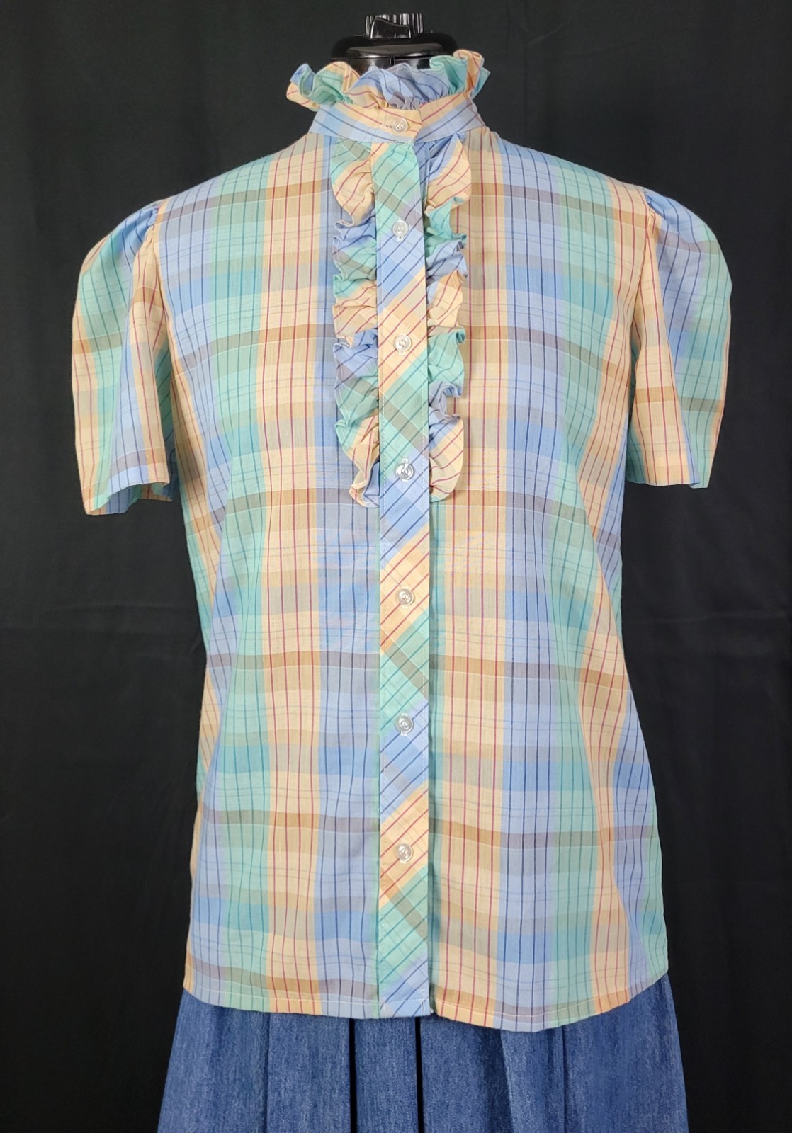 Vtg Lucky Winner Peach/Mint/Blue Plaid Top w Ruffled Collar Size 11/12