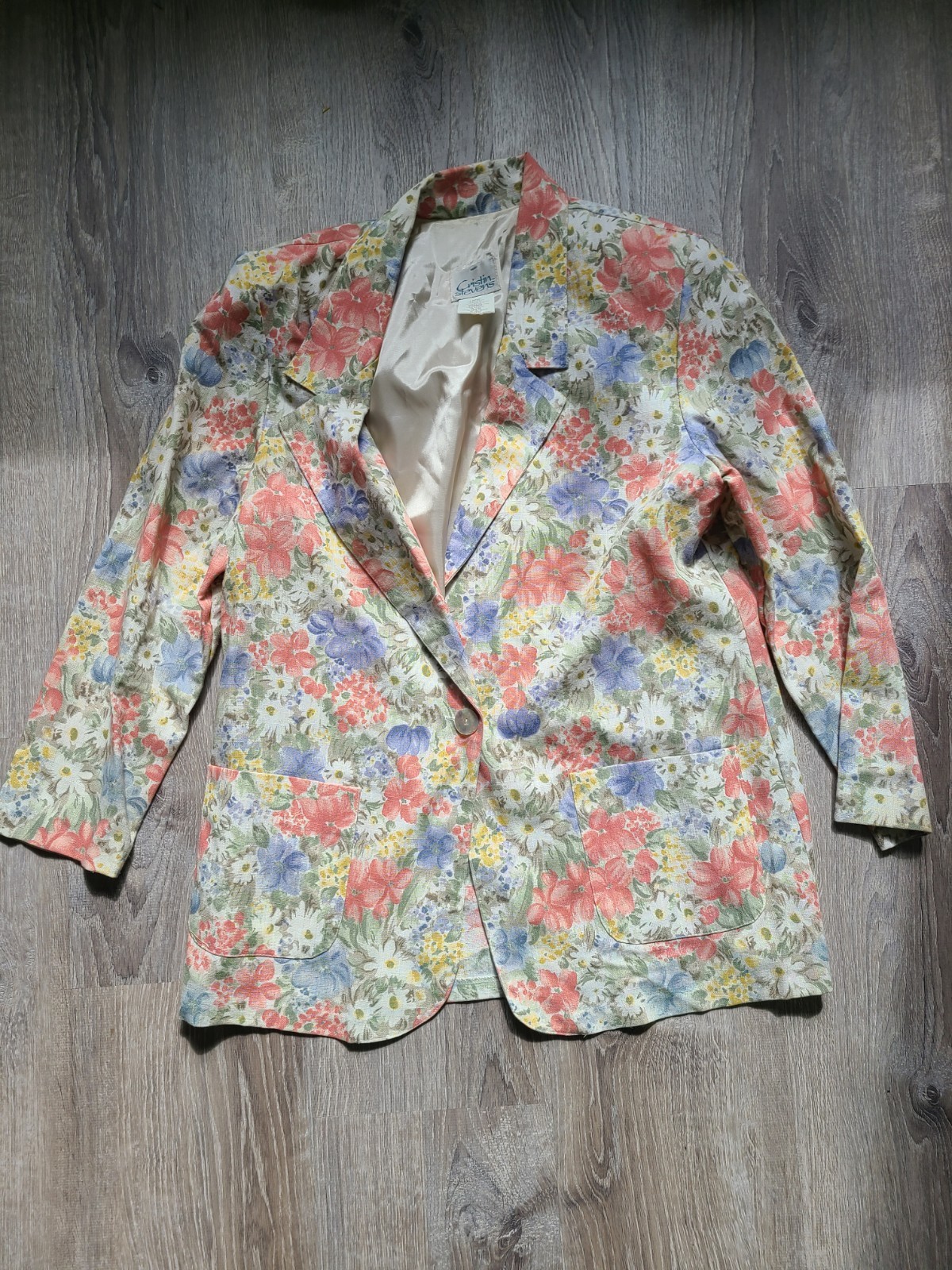 VTG Cristin Stevens Women L Blazer Office Cottagecore Spring Floral Flax Blend