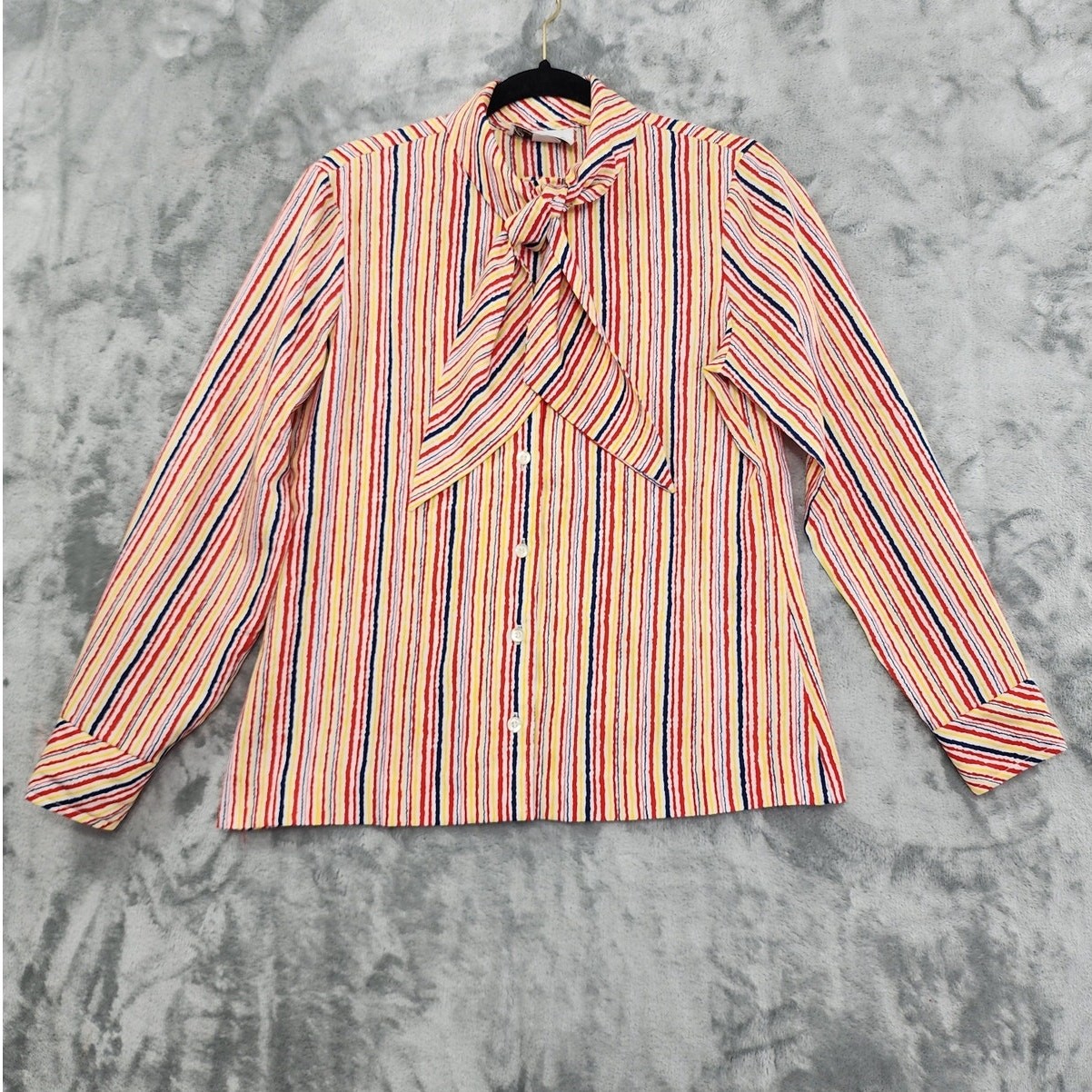 Vintage Country Suburbans Top Womens M Red Yellow Blue Striped Tie Neck Preppy
