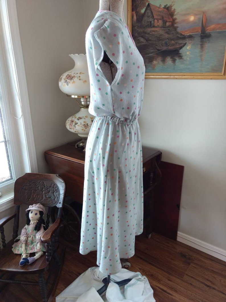 Vintage 80s Polka Dot Dress Gray Pink Green Orange White Crossover Bust