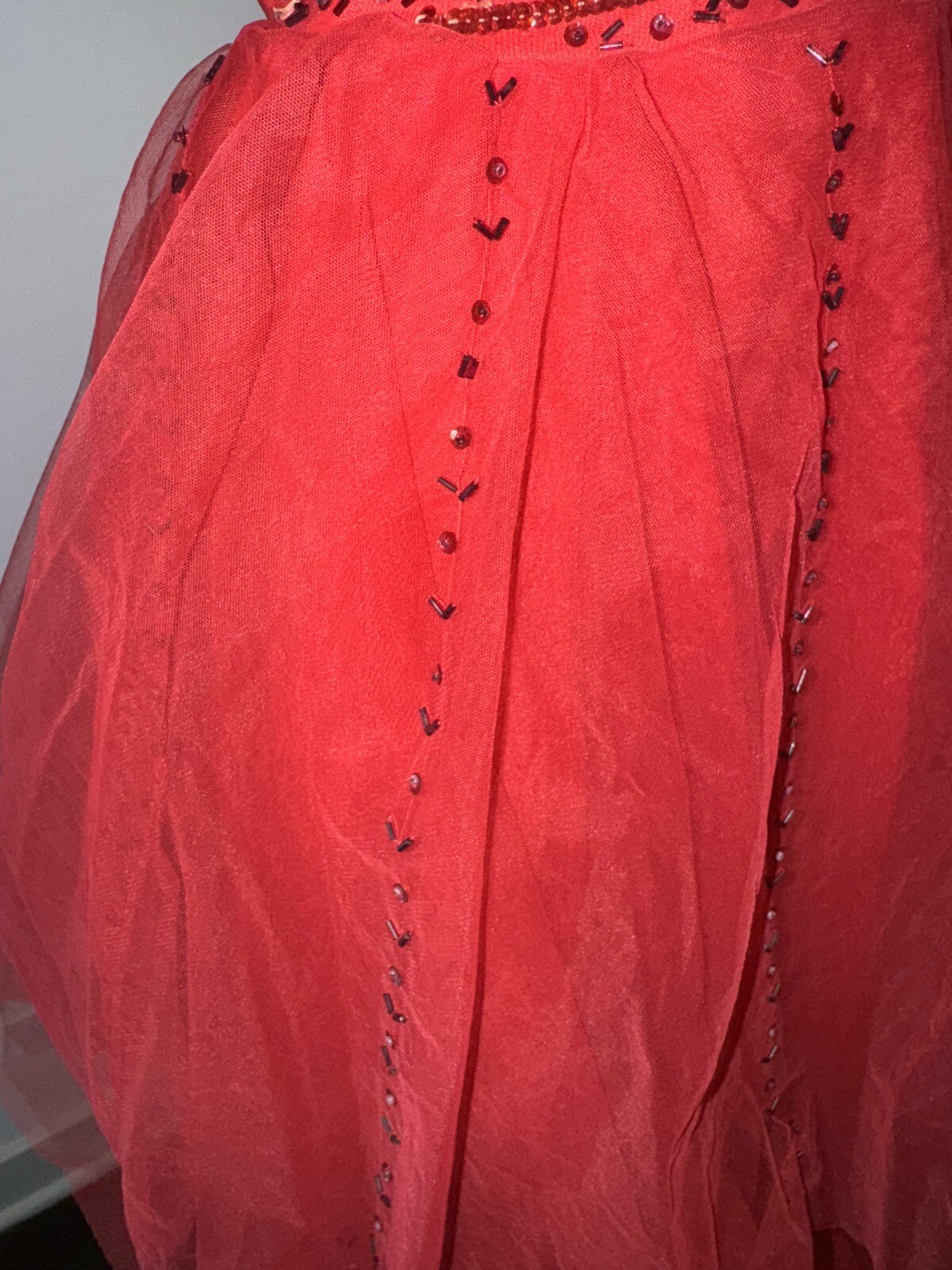 Vtg 50s Dress XS Tomato Cherry Red Tulle Beaded Strapless Rockabilly Formal Prom